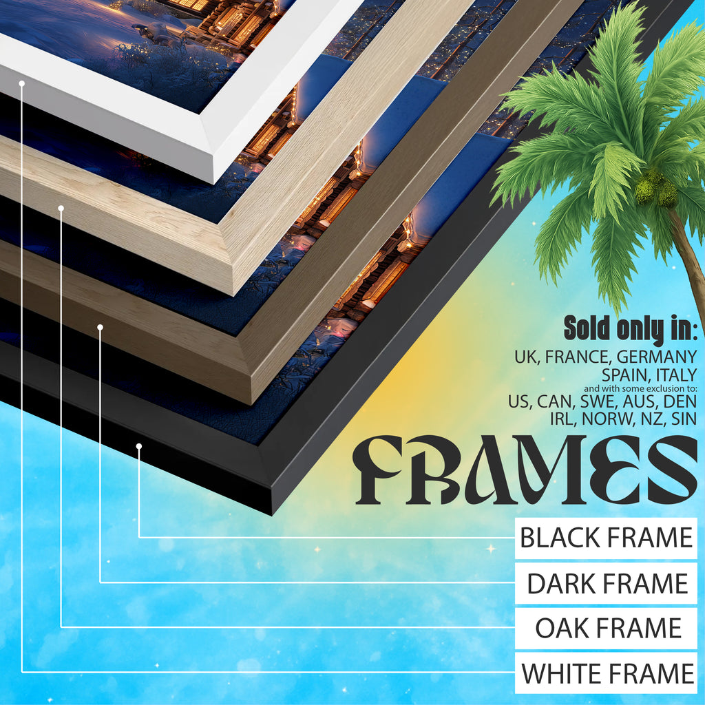 Lapland Northern Lights Travel Print: Santa Claus Village Winter Cabin Art