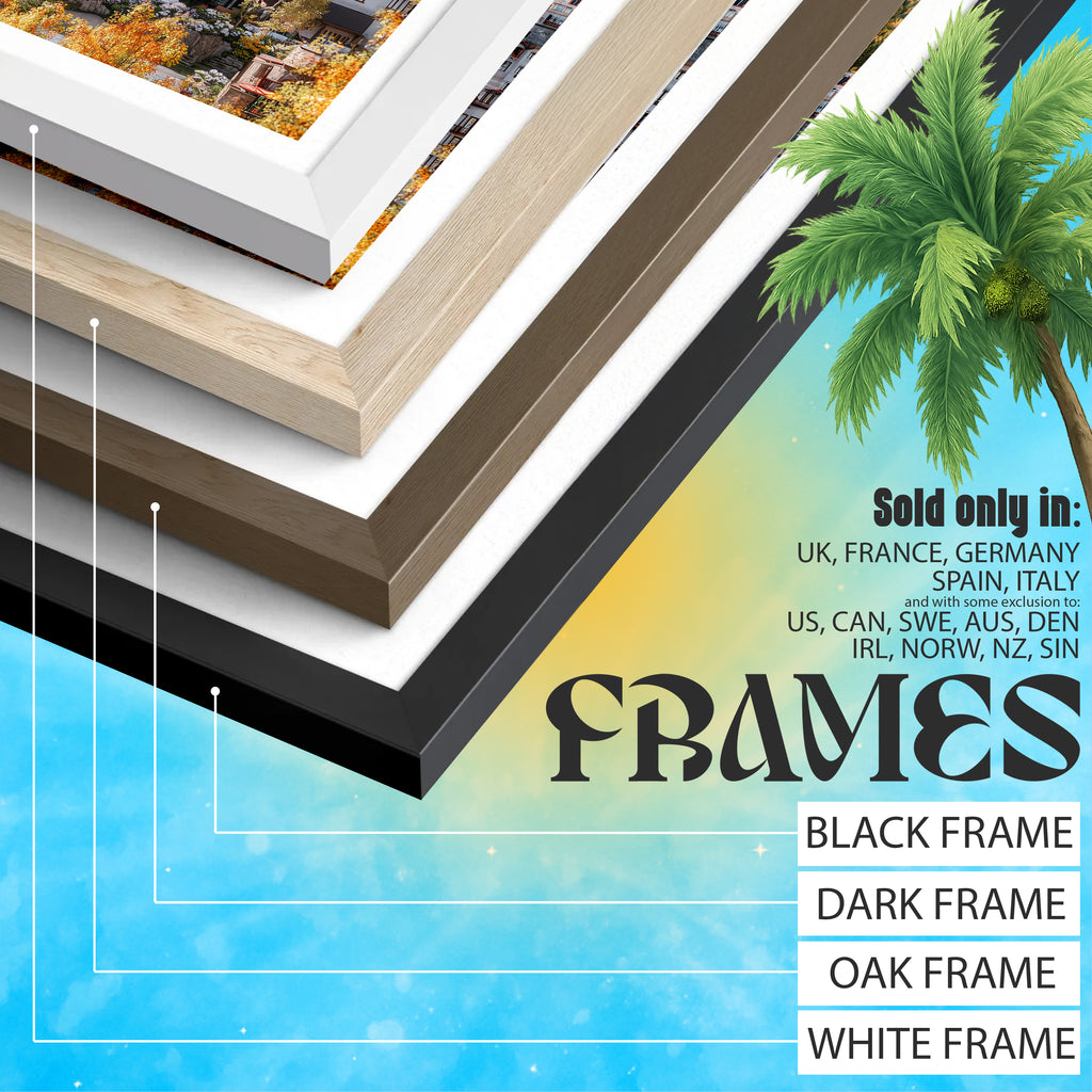 Various frame options for art prints including black, dark, oak, and white frames with palm tree background.