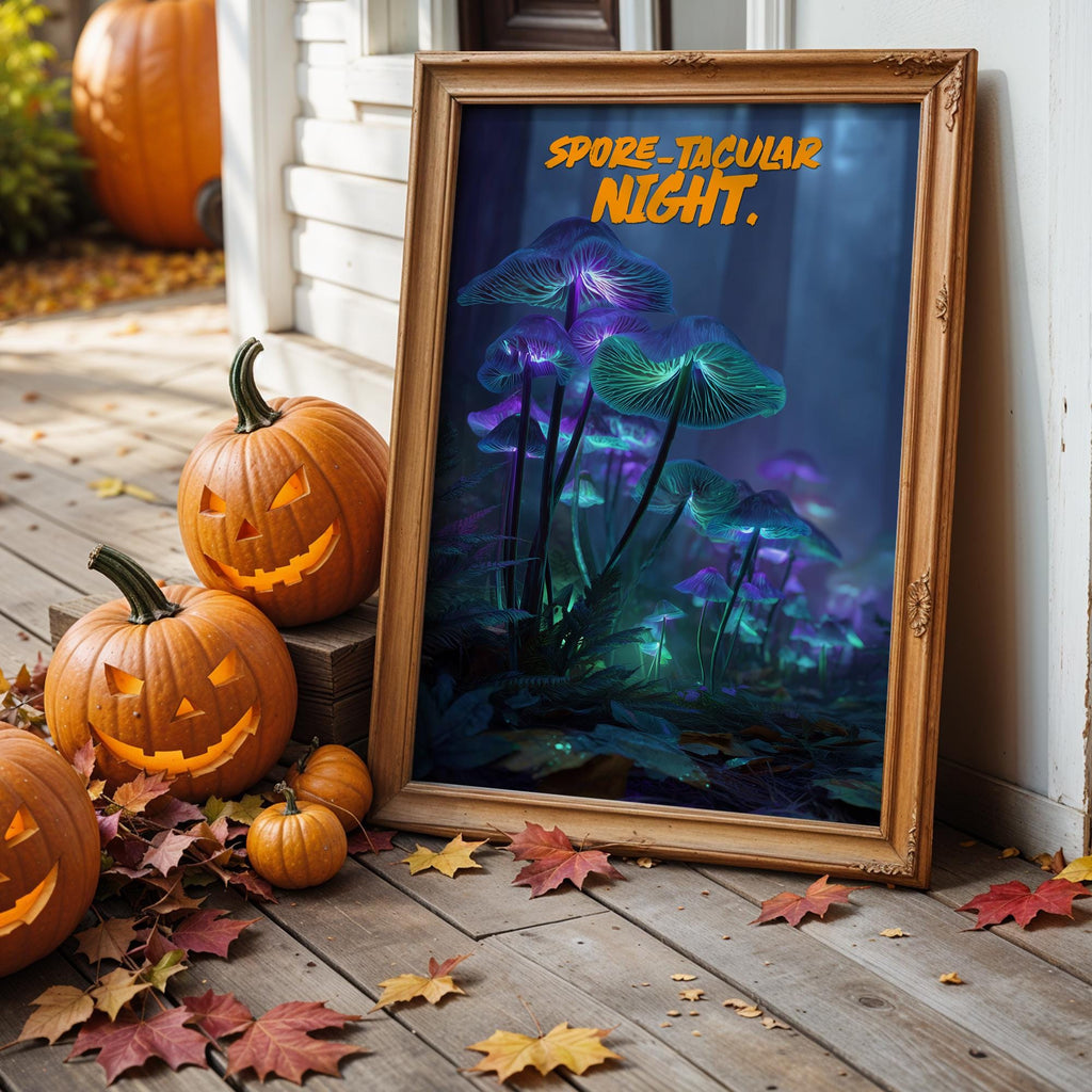 Bioluminescent Mushroom Poster – “Spore-tacular Night” Halloween Glow-in-the-Dark Forest Art Print