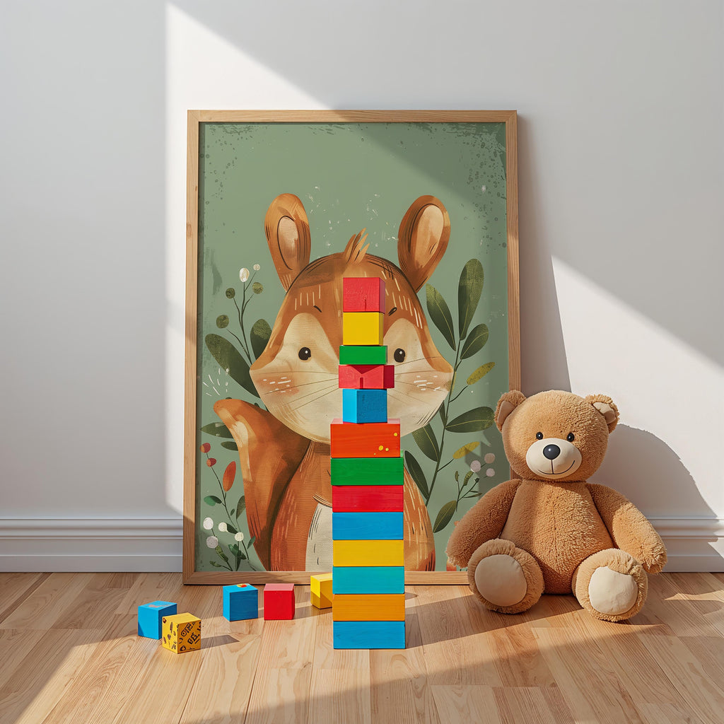 Squirrel Nursery Wall Art – Woodland Animal Print for Kids