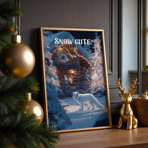 Arctic Fox Christmas Poster – Snowy Cabin Winter Wall Art