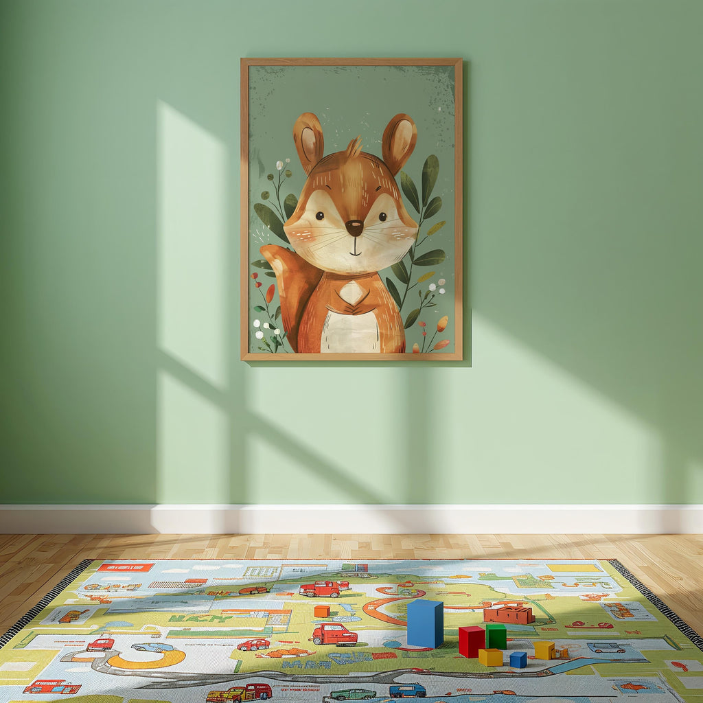 Squirrel Nursery Wall Art – Woodland Animal Print for Kids