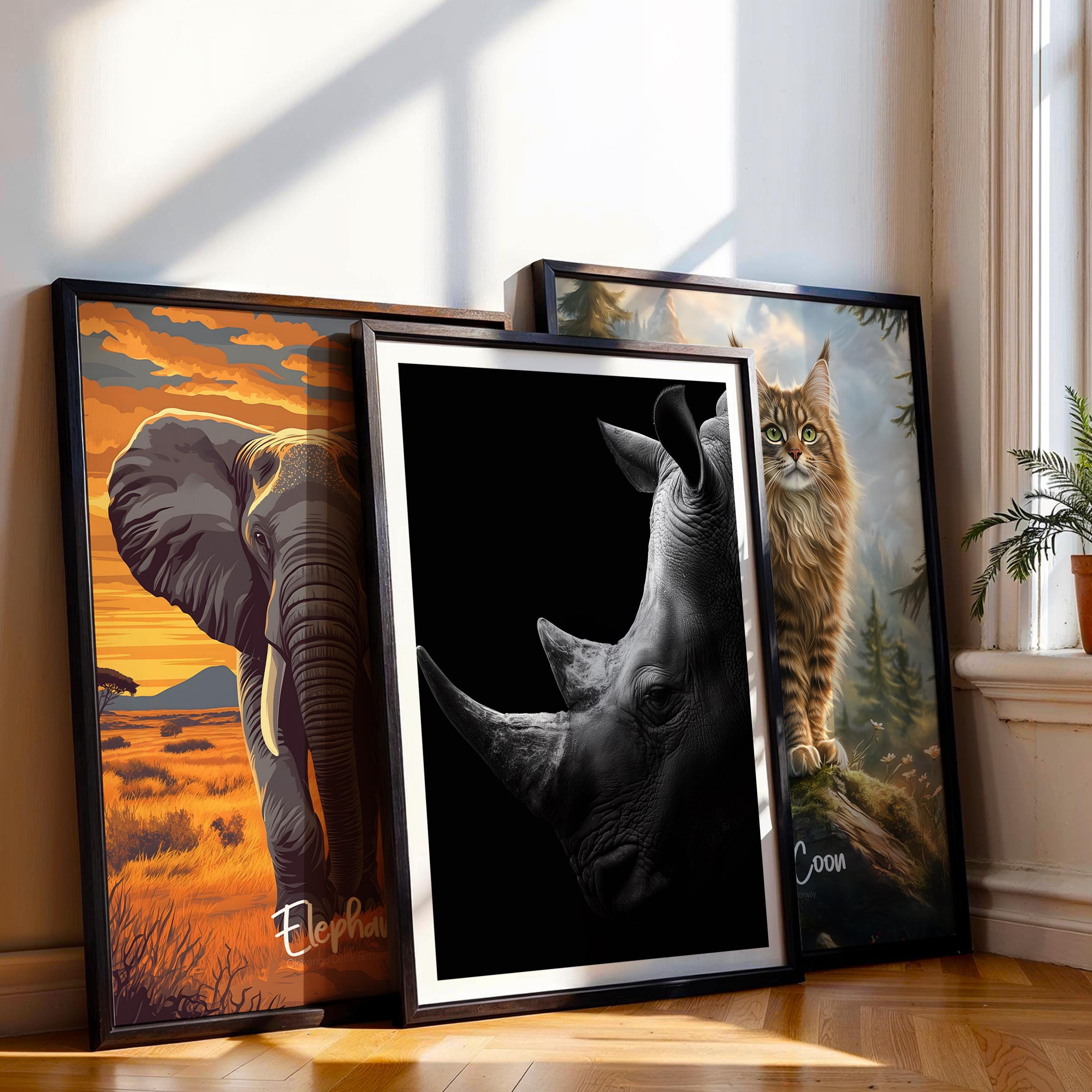 Black and White Rhino Wall Art Print – Powerful Wildlife Poster for Living Room, Office or Gift – Monochrome Safari Decor