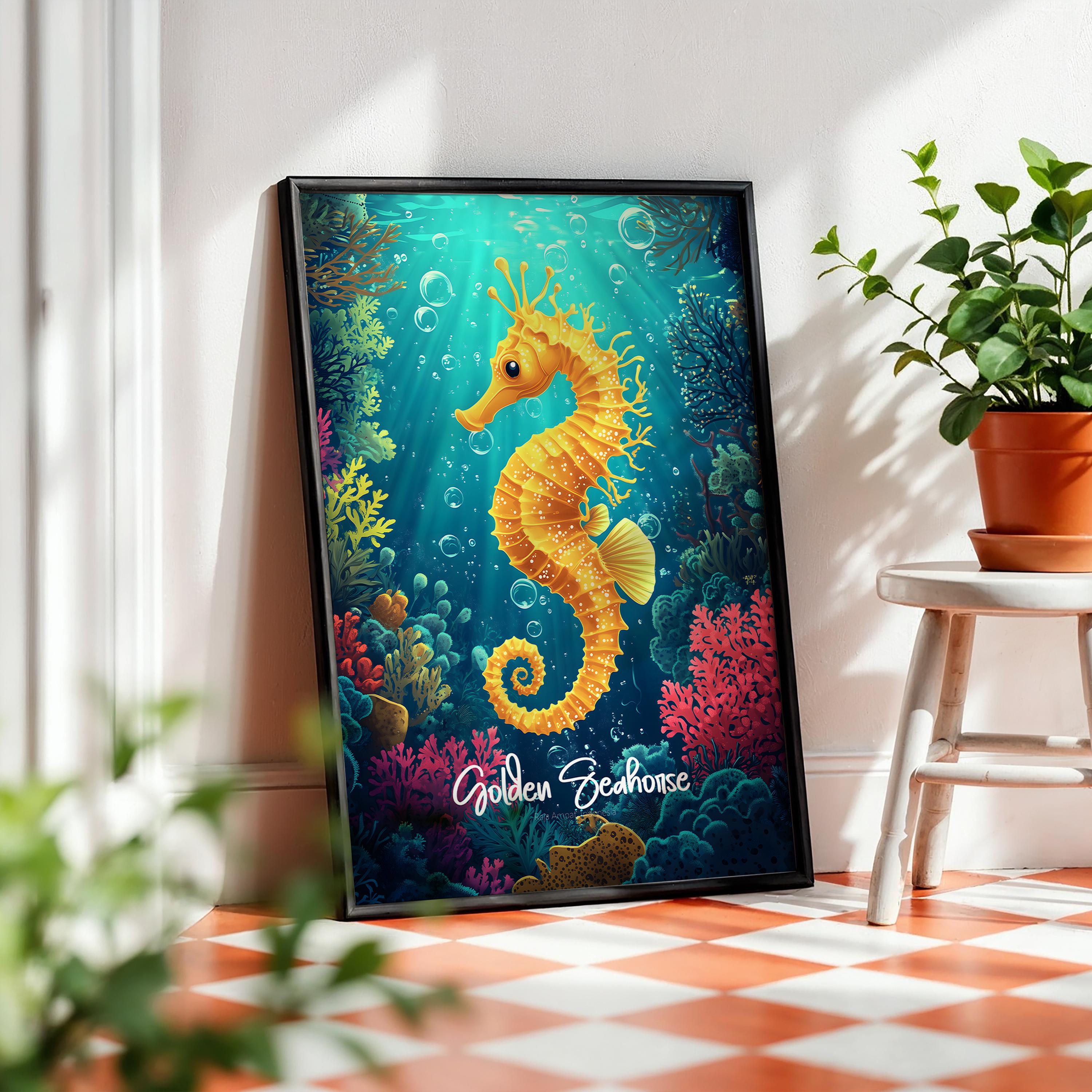 Golden Seahorse Wall Art Poster, Framed Nautical Coastal Decor, Ocean Print for Beach House, Marine Life Gift, Sea Creature Artwork