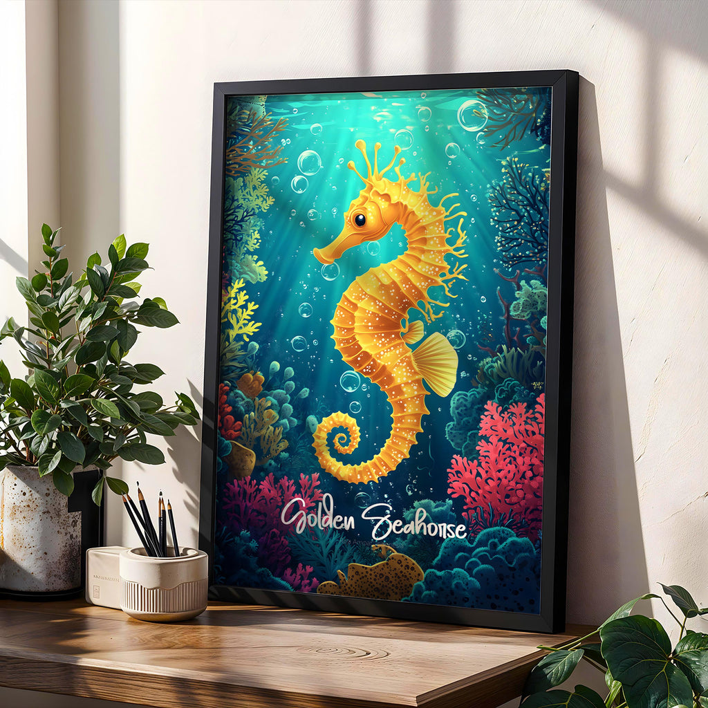 Golden Seahorse Wall Art Poster, Framed Nautical Coastal Decor, Ocean Print for Beach House, Marine Life Gift, Sea Creature Artwork