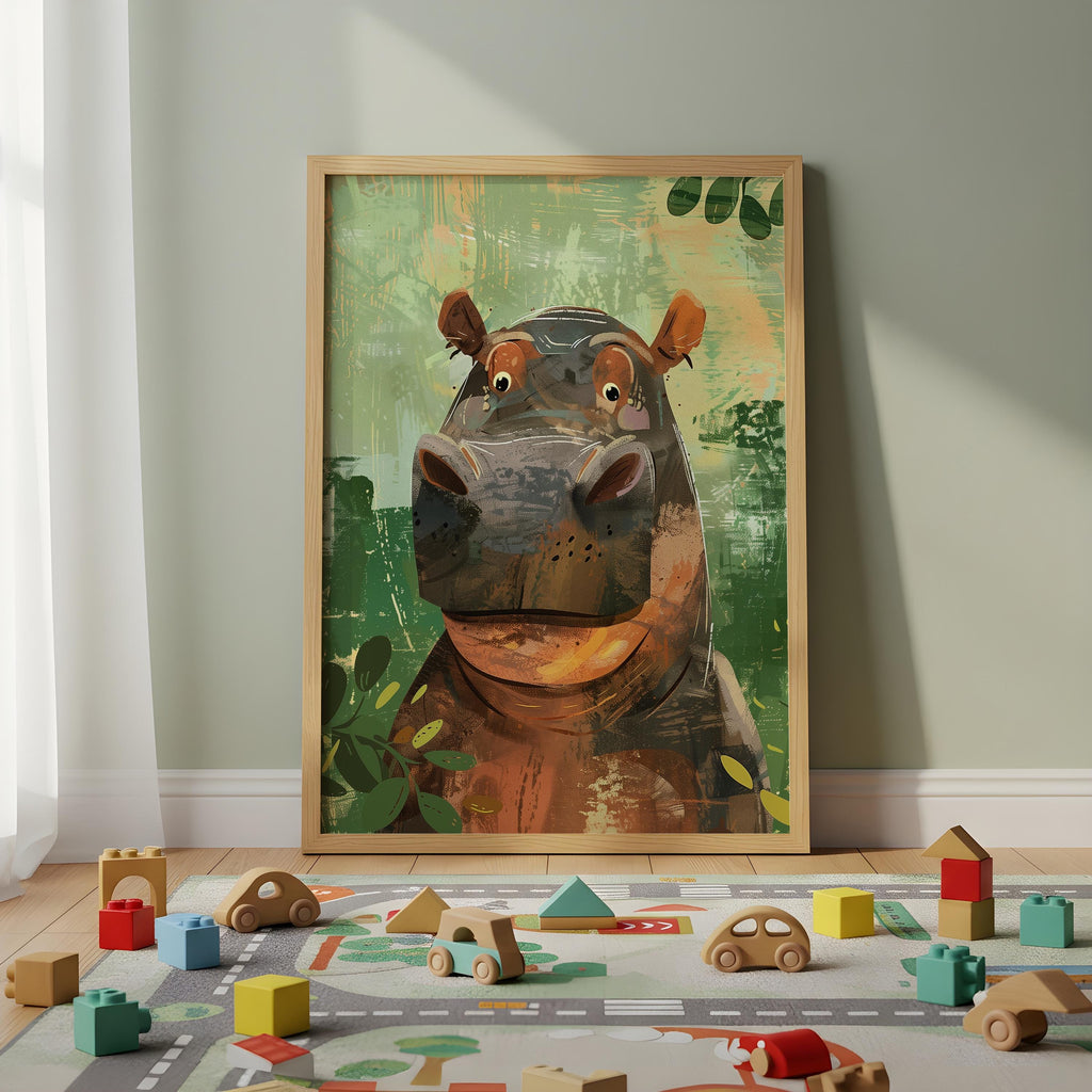 Hippo Nursery Wall Art – Safari Animal Print for Kids