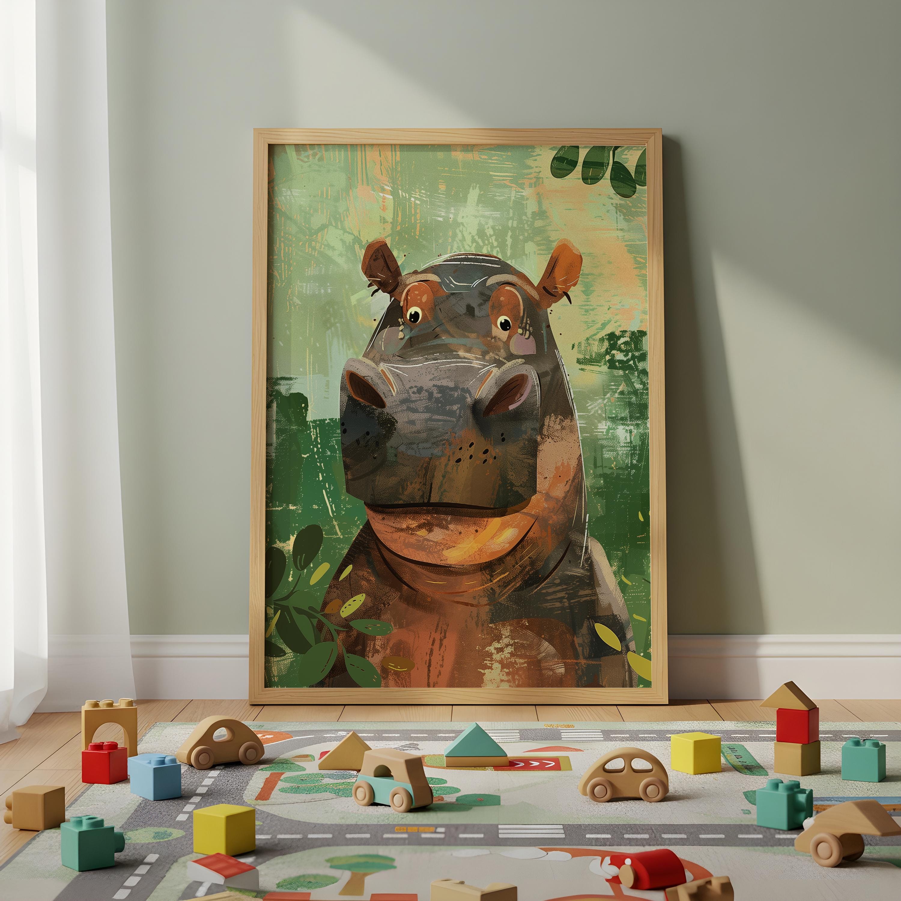 Hippo Nursery Wall Art – Safari Animal Print for Kids