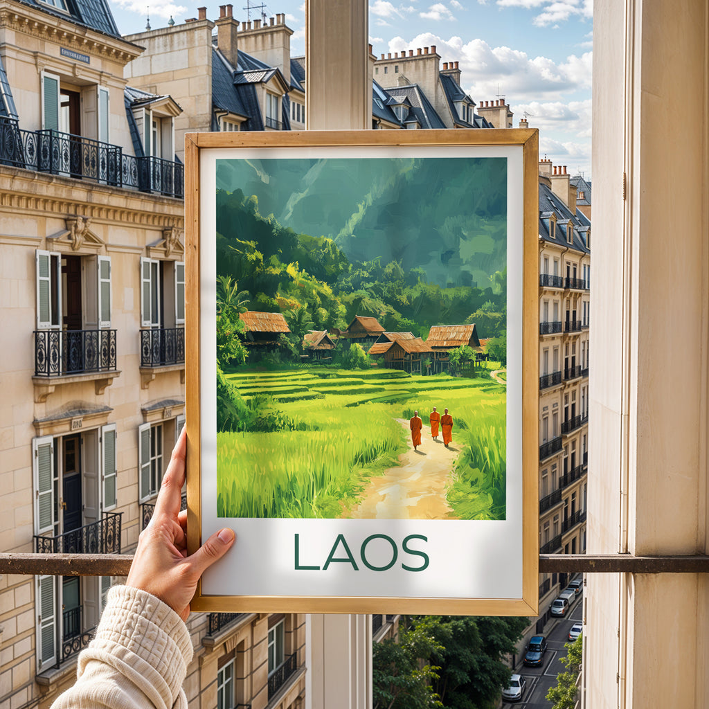 Laos Travel Poster: Rice Terrace Village Illustration Art