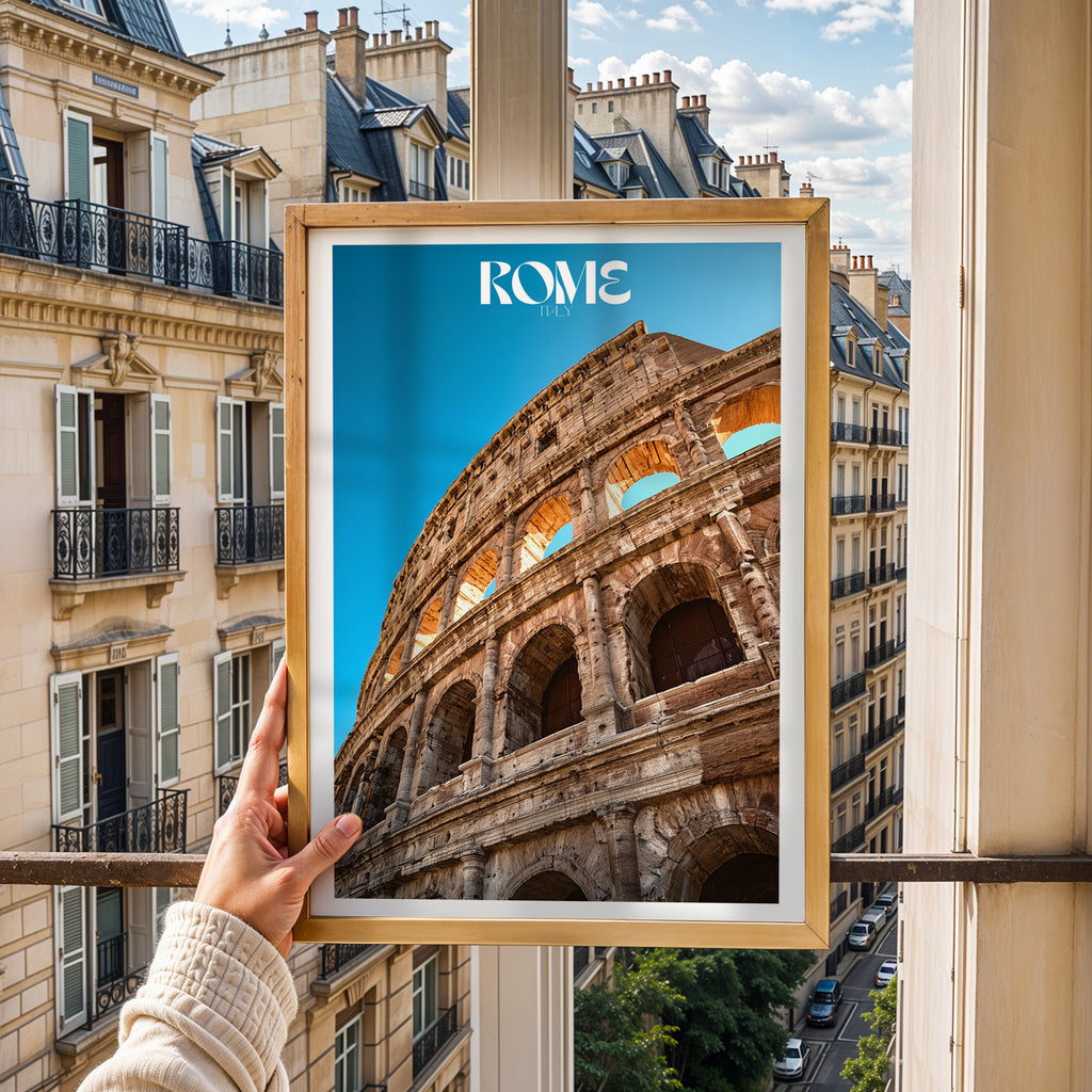 Italy Travel Poster – Rome Colosseum Print, Ancient Landmark Wall Art, Roman Architecture Decor