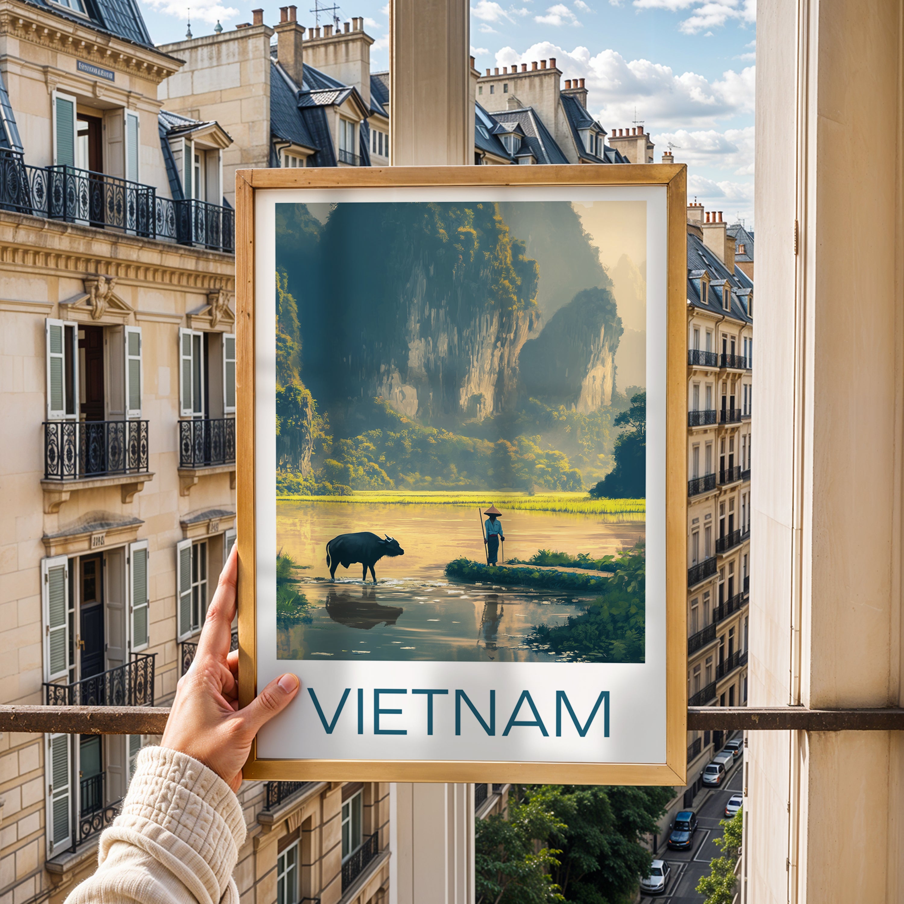 Vietnam Travel Poster: Ninh Binh Karst Landscape Illustration Art