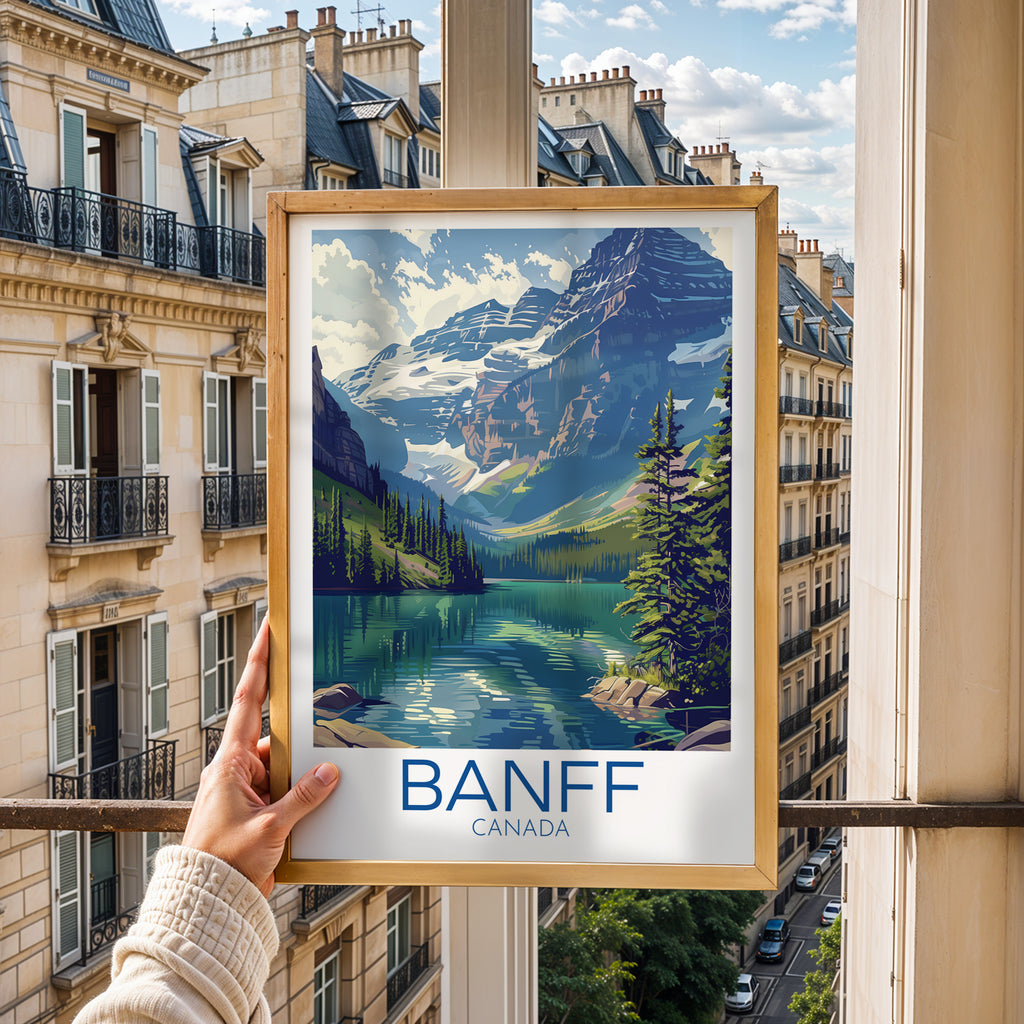 Banff Canada Travel Poster: Scenic Mountain Lake Illustration Art