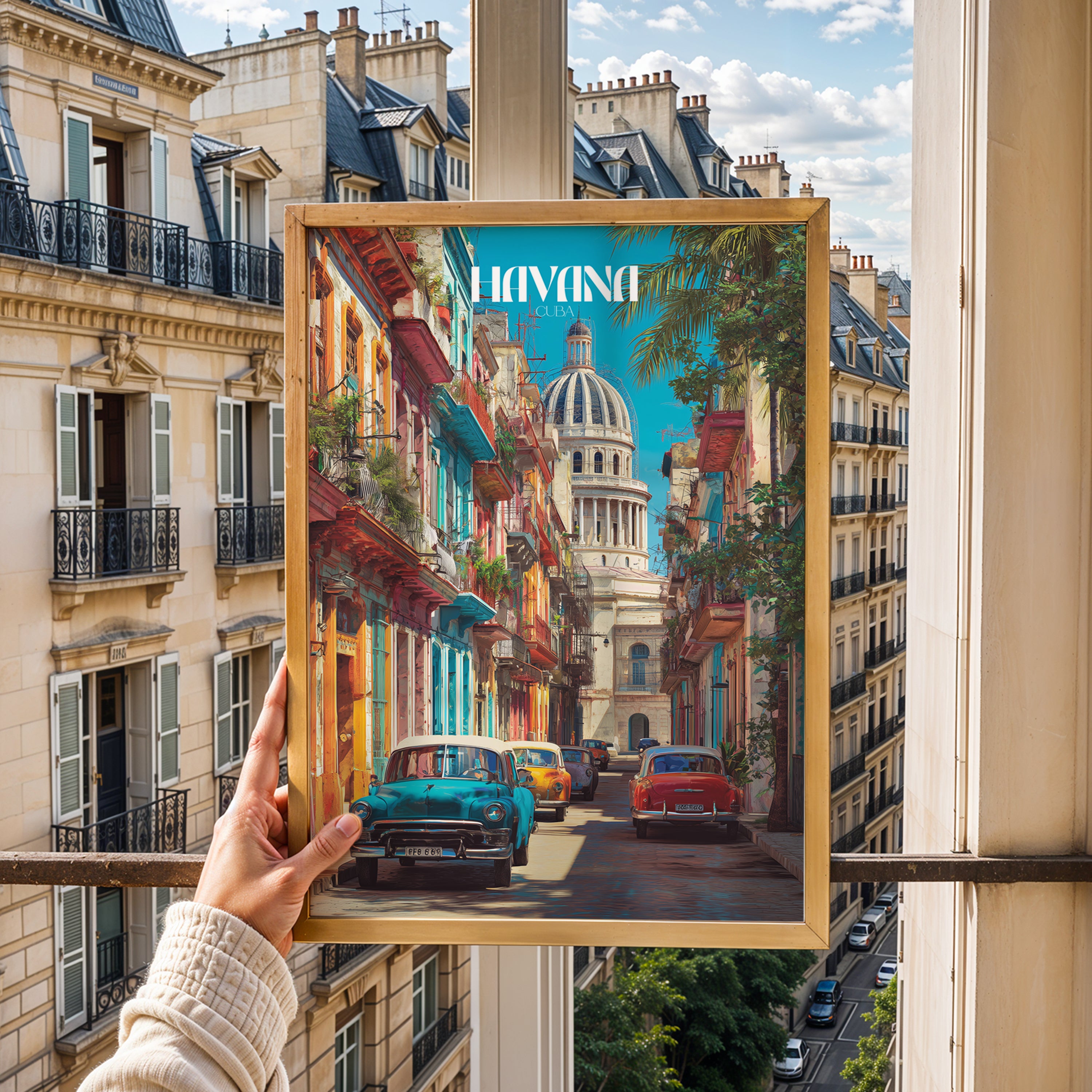 Havana poster showcasing colorful streets and vintage cars in Cuba's capital, viewed from a window.