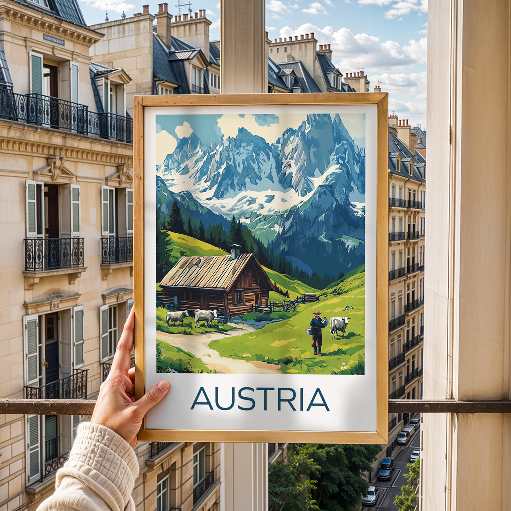 Austria Alps Travel Poster – Alpine Cabin & Mountain Landscape Illustration with Cows