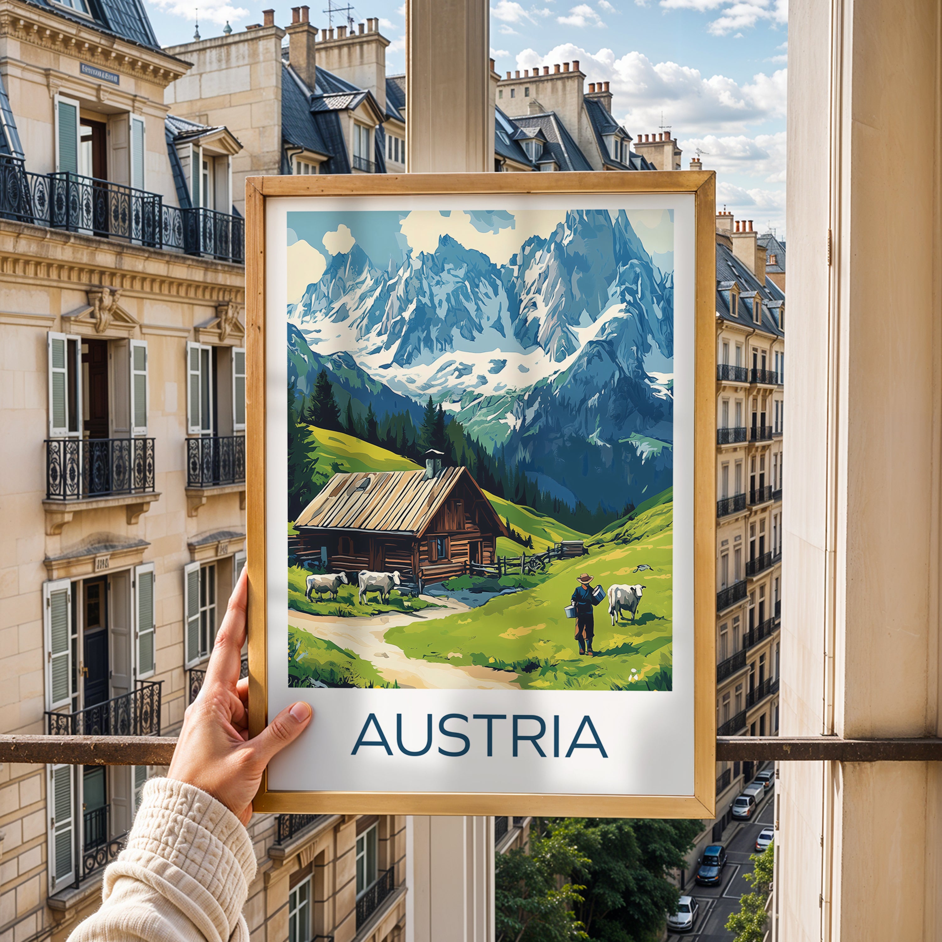 Austria Alps Travel Poster – Alpine Cabin & Mountain Landscape Illustration with Cows