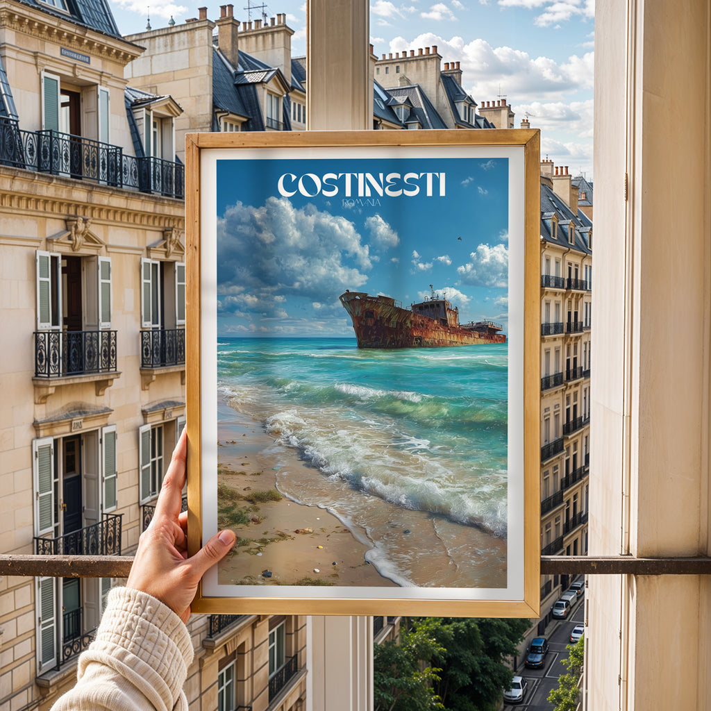 Romania Travel Poster – Costinești Shipwreck Wall Art Print, Black Sea Coastal Decor