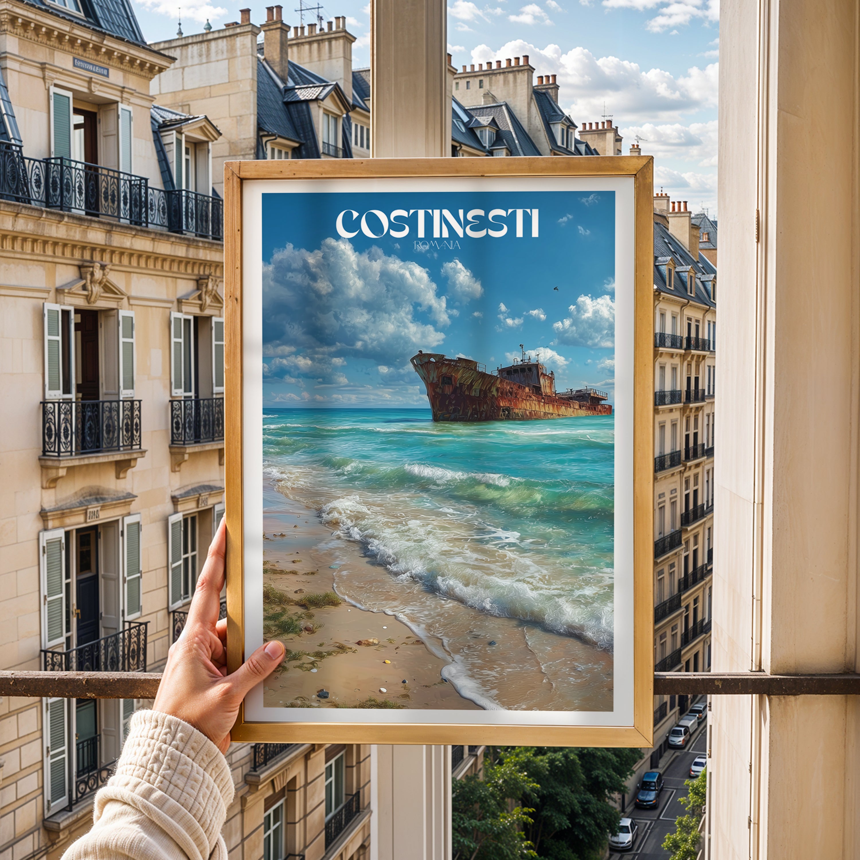 Romania Travel Poster – Costinești Shipwreck Wall Art Print, Black Sea Coastal Decor