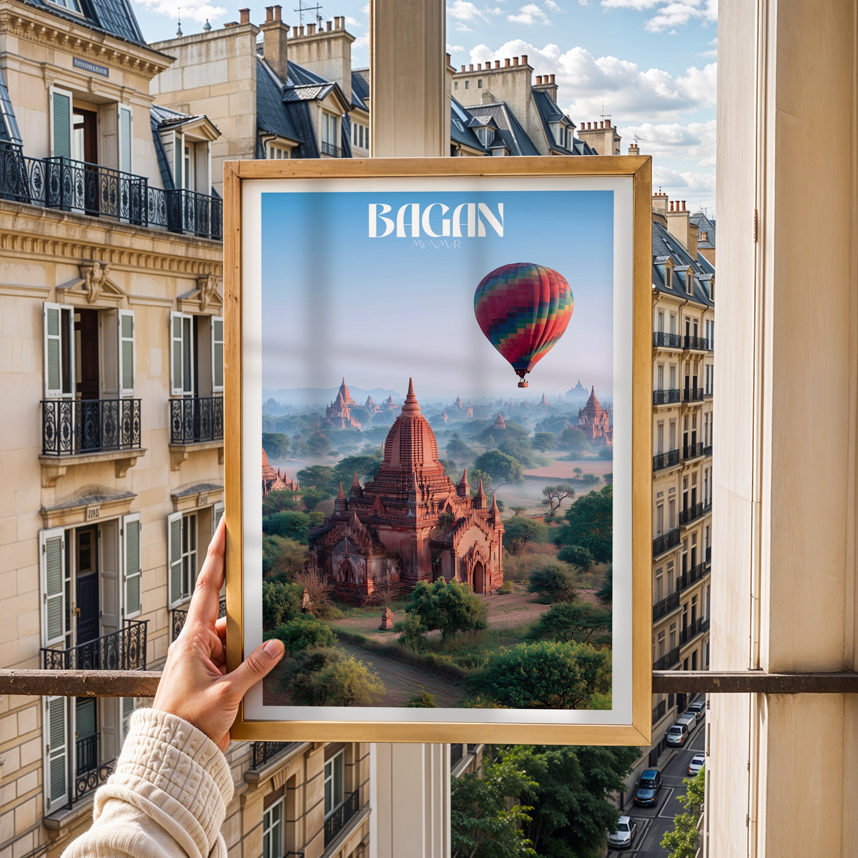 Bagan Temples Travel Print: Myanmar Hot Air Balloon Sunrise Art