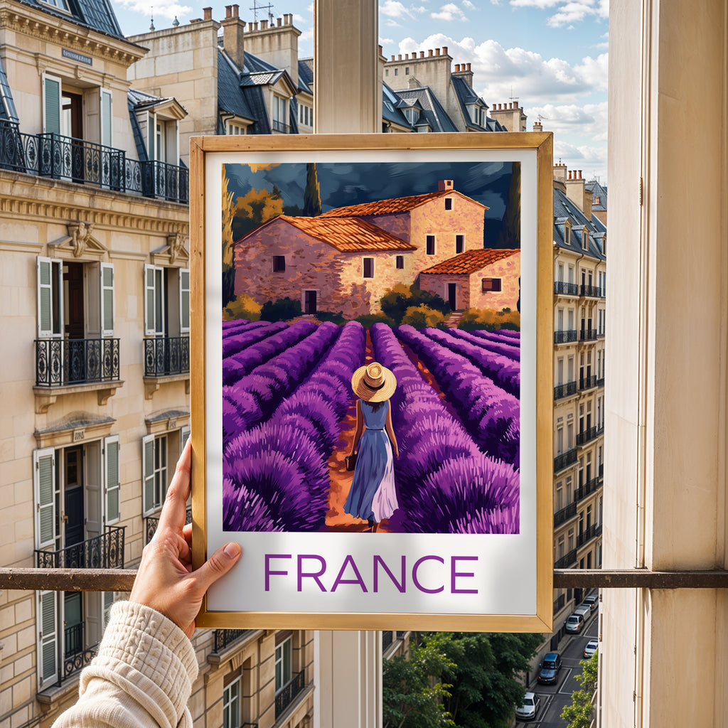 Provence France Travel Poster: Lavender Field Illustration Art