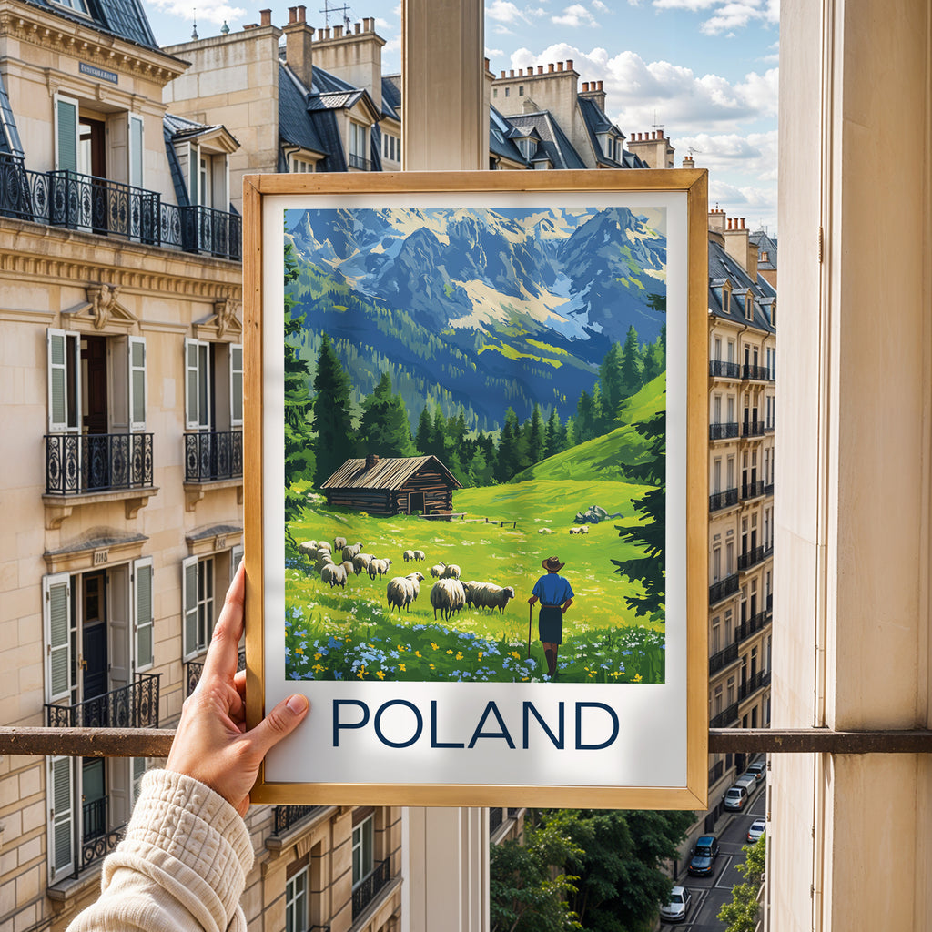 Poland Travel Poster – Tatra Mountains Shepherd & Alpine Cabin Landscape Art Print