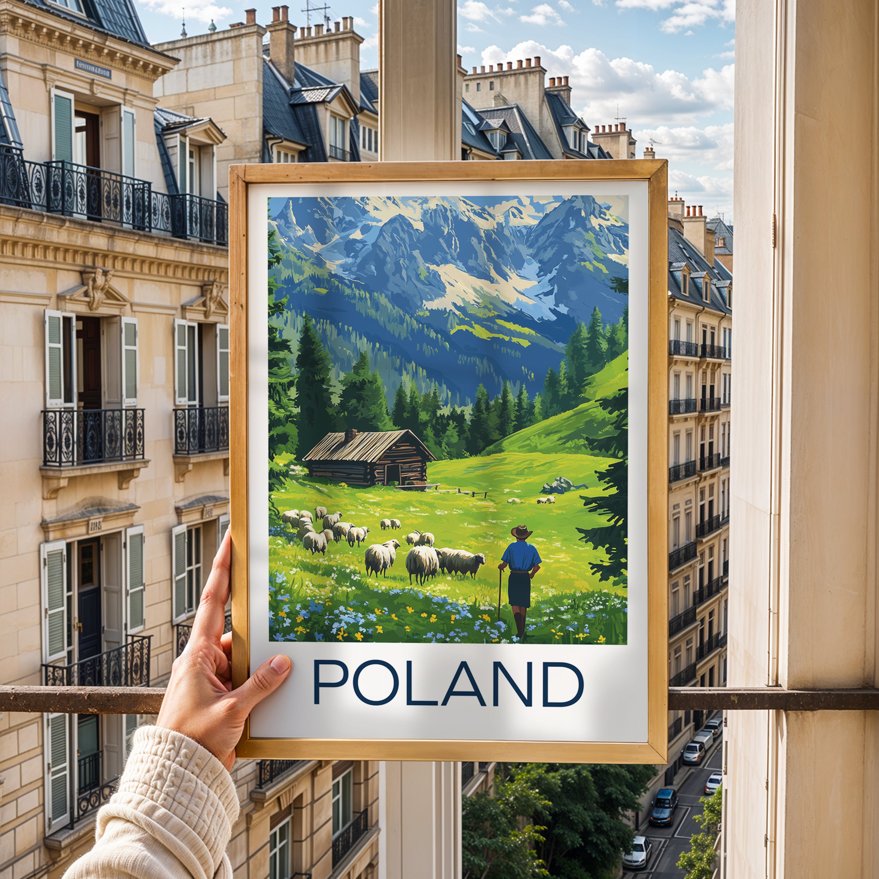 Poland Travel Poster – Tatra Mountains Shepherd & Alpine Cabin Landscape Art Print
