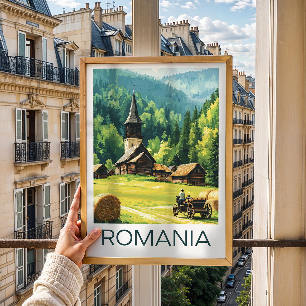 Romania Travel Poster: Traditional Village Maramures Illustration Art