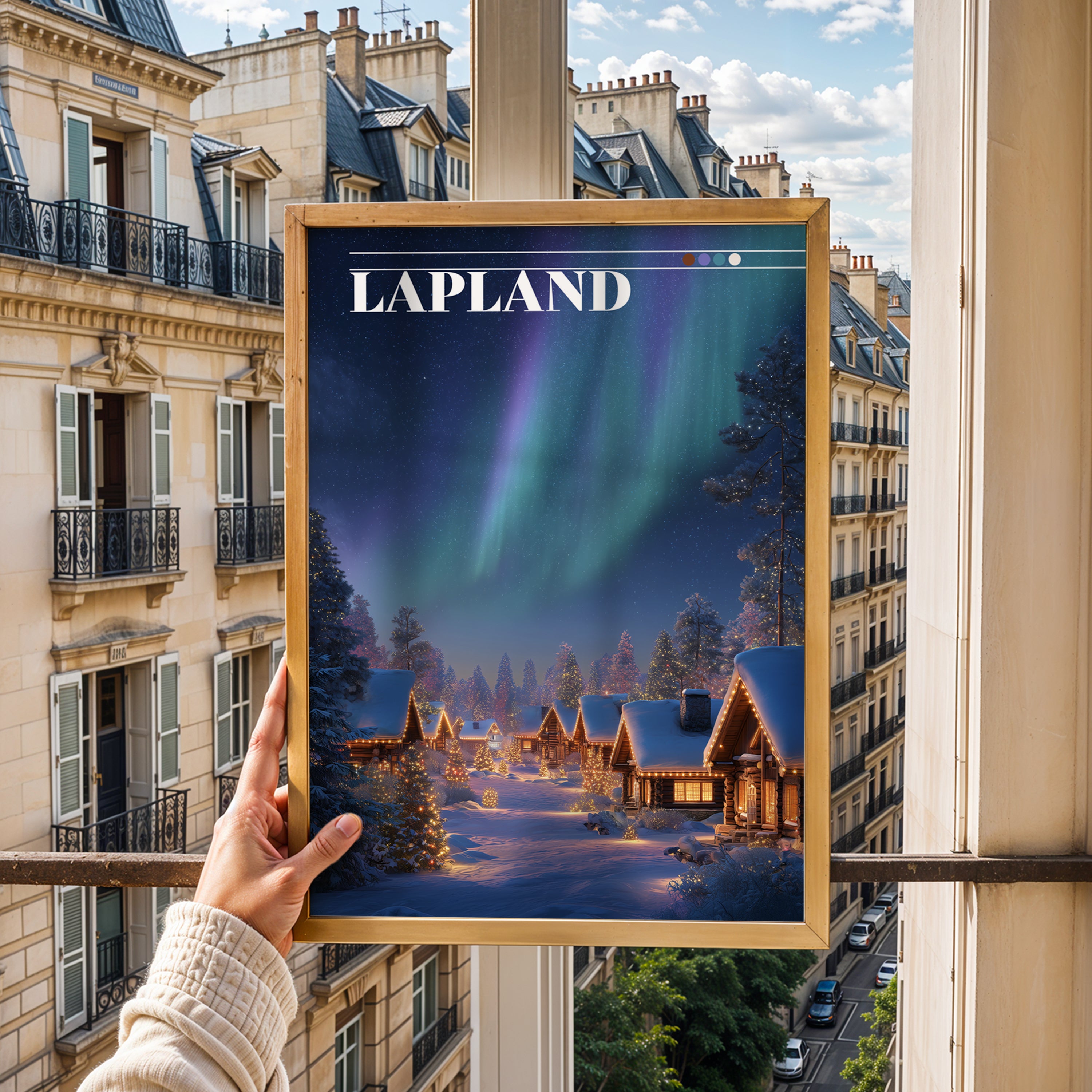 Lapland Northern Lights Travel Print: Santa Claus Village Winter Cabin Art