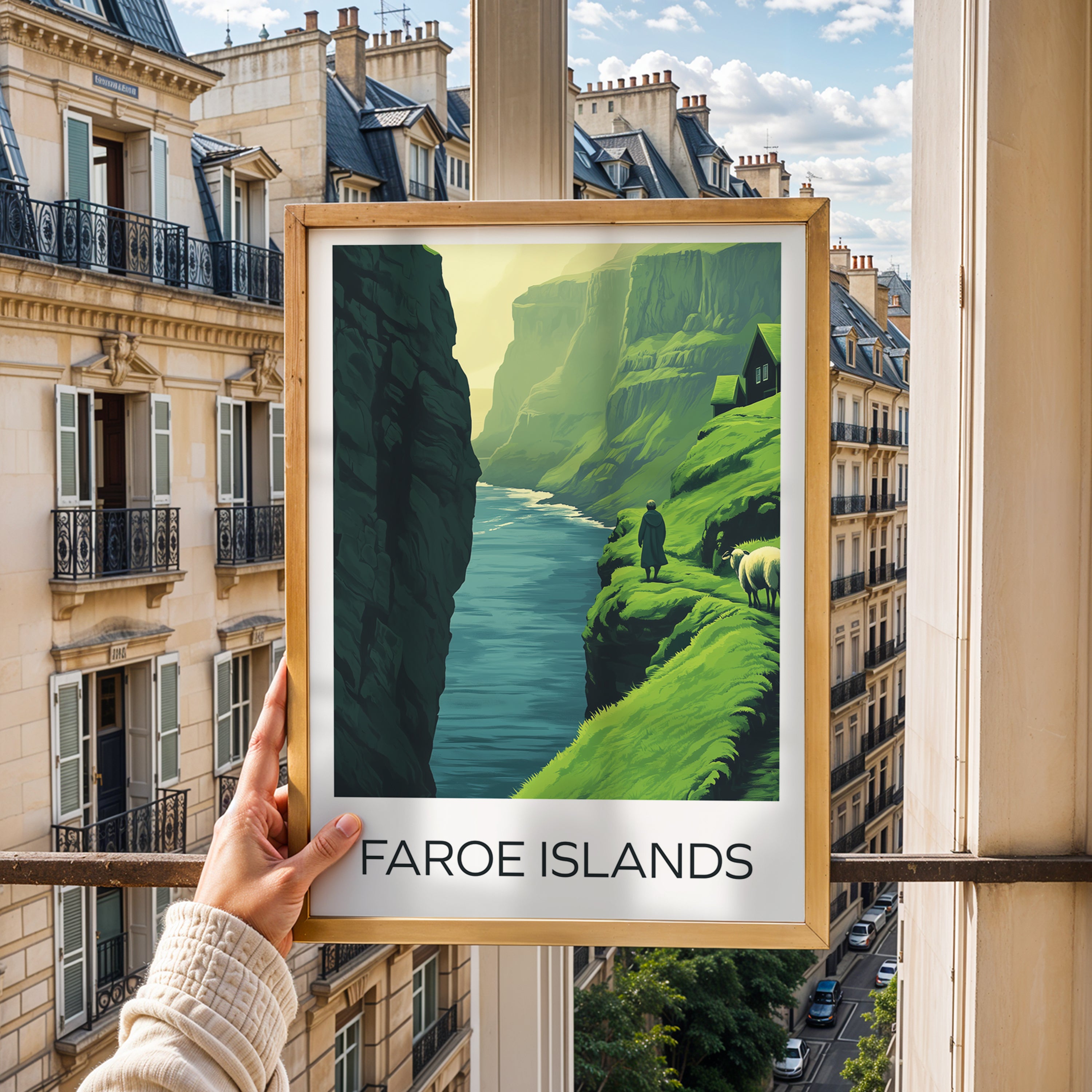 Faroe Islands Cliffside Poster – Nordic Landscape Art Print, Grass Roof Houses & Ocean View Illustration
