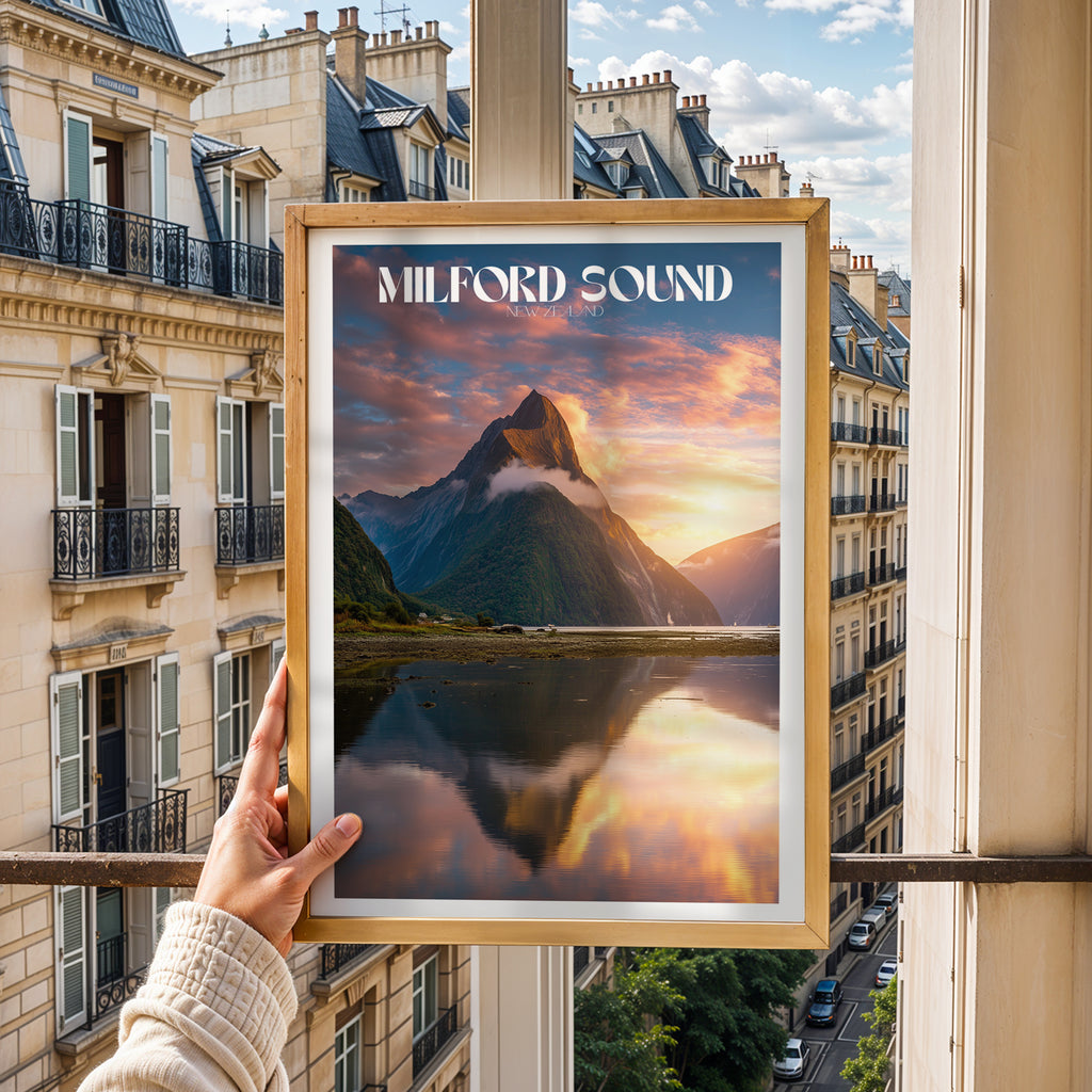 New Zealand Travel Poster – Milford Sound Sunrise Print, Mountain Reflection Wall Art