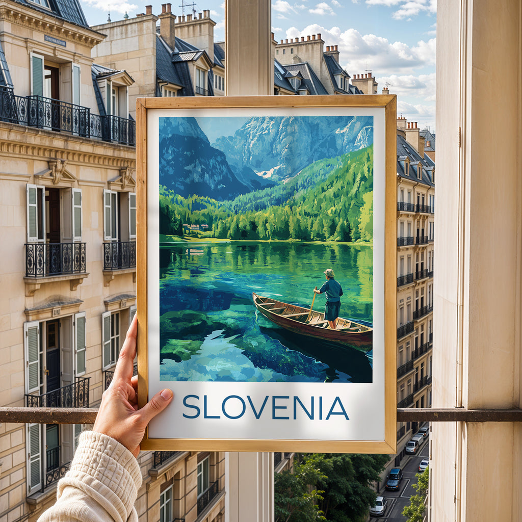 Slovenia Lake Travel Poster – Alpine Lake & Mountains Art Print, Canoe Landscape Illustration