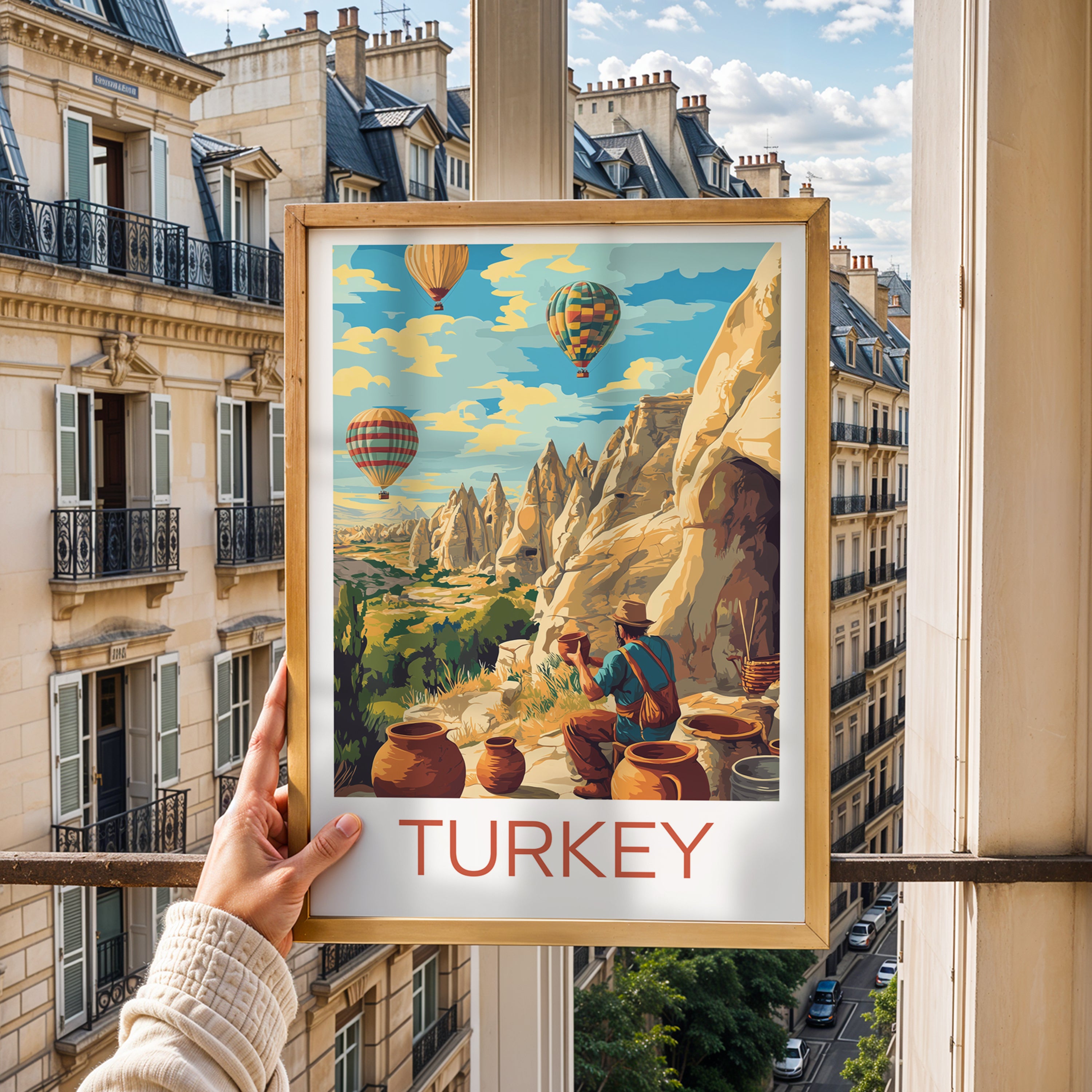 Turkey Travel Poster: Cappadocia Hot Air Balloon Illustration Art