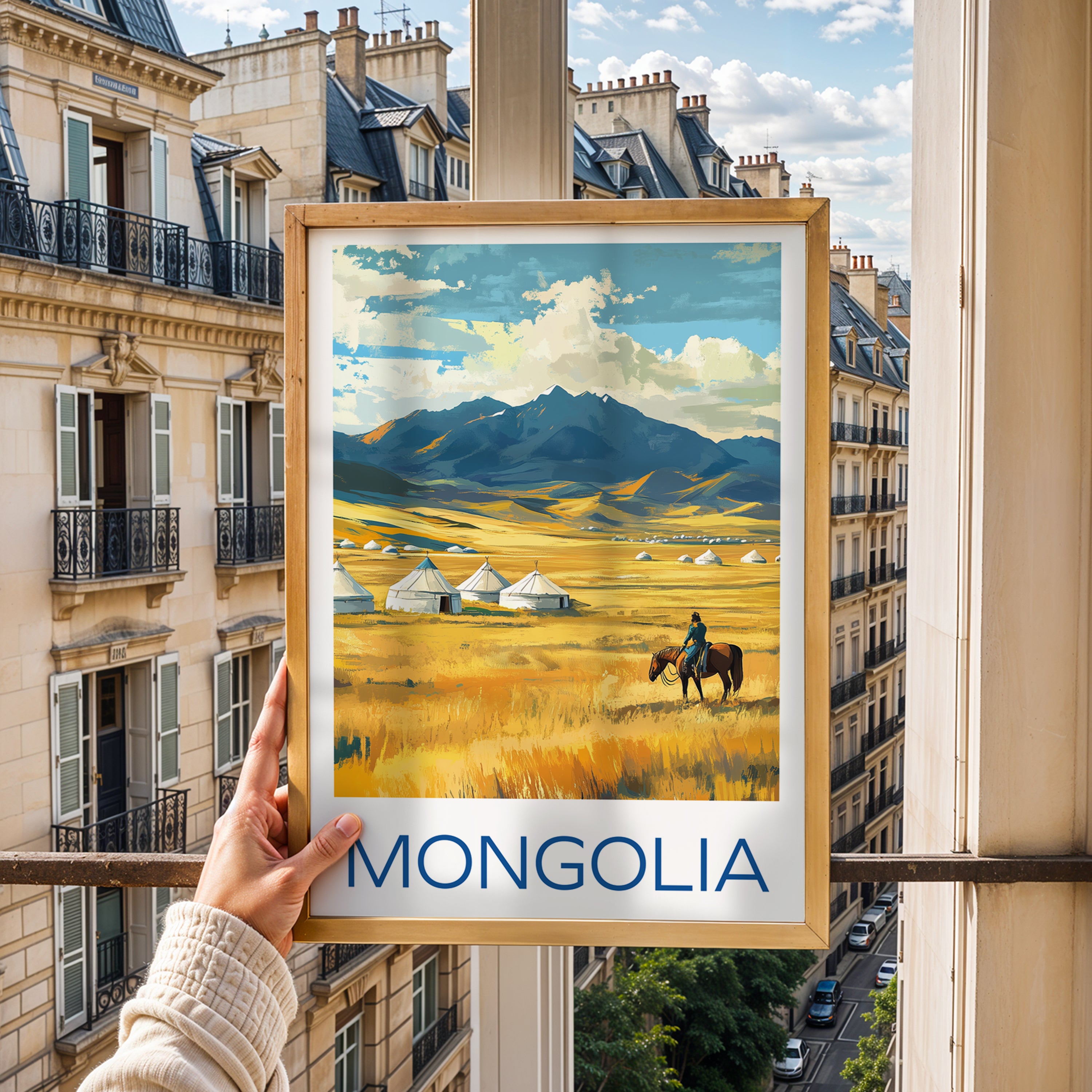 Mongolia Travel Poster: Nomadic Steppe Landscape Illustration Art