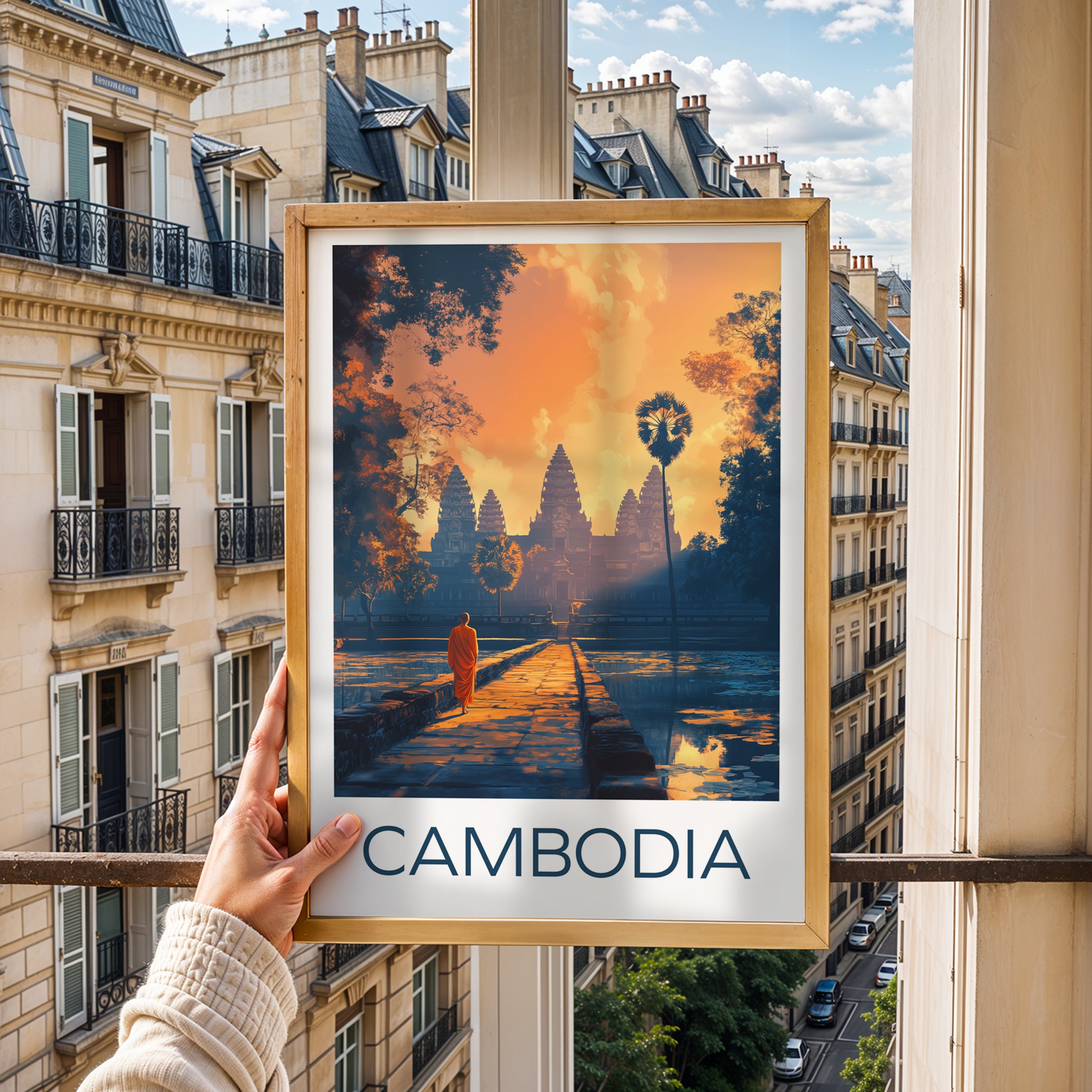 Cambodia Travel Poster: Angkor Wat Sunrise Illustration Art
