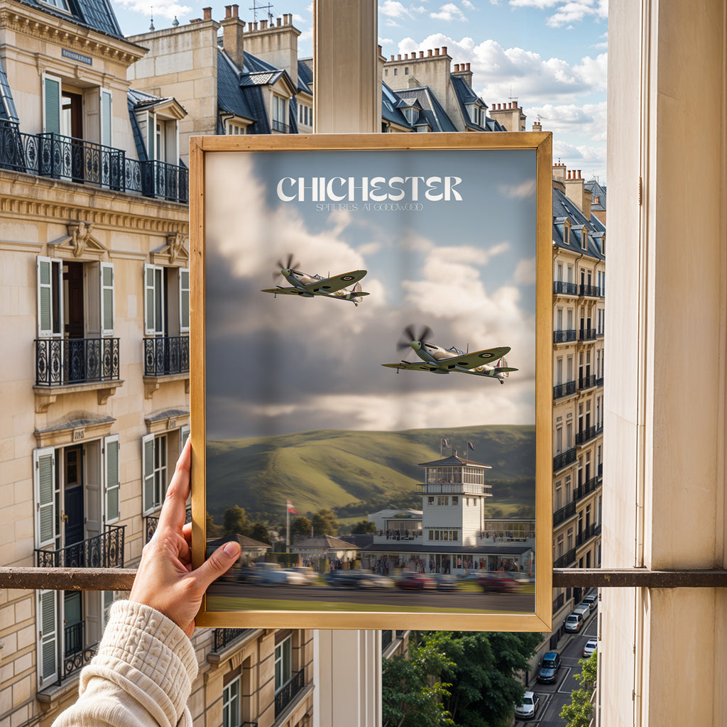 Goodwood Spitfires Chichester Travel Poster – British Aviation Wall Art, WWII Planes Print, Sussex Landscape Photography