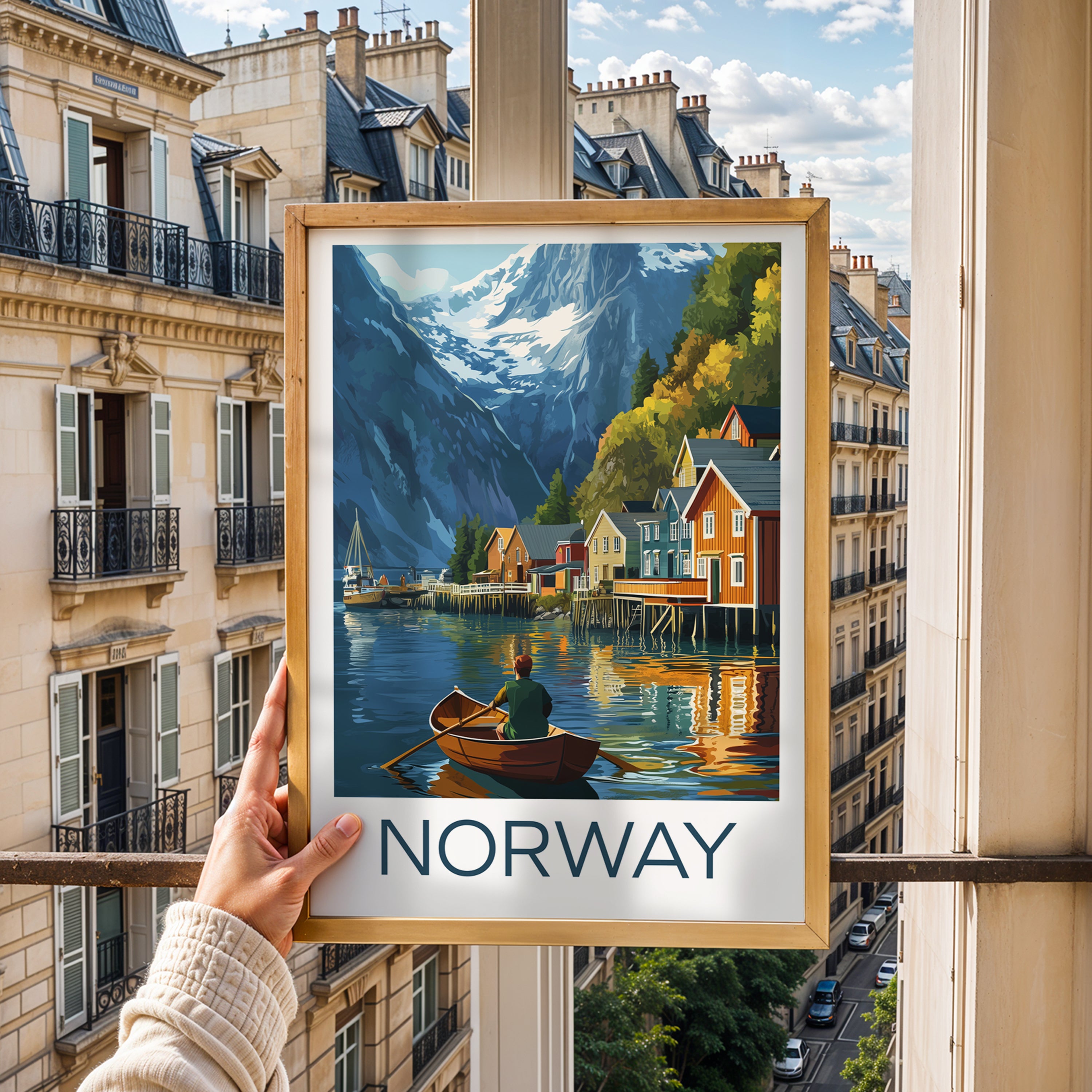 Norway Travel Poster: Nordic Fjord Village Illustration Art