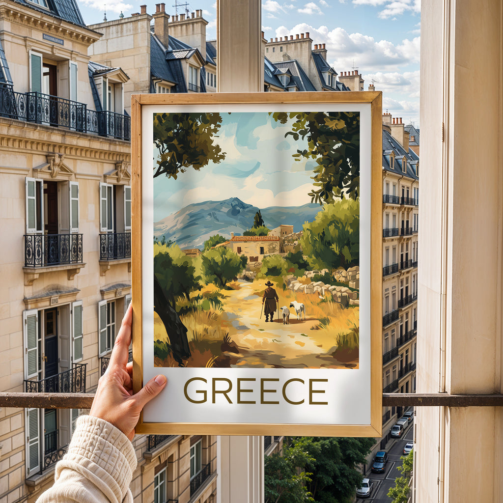 Greece Travel Poster: Mediterranean Village Landscape Illustration Art