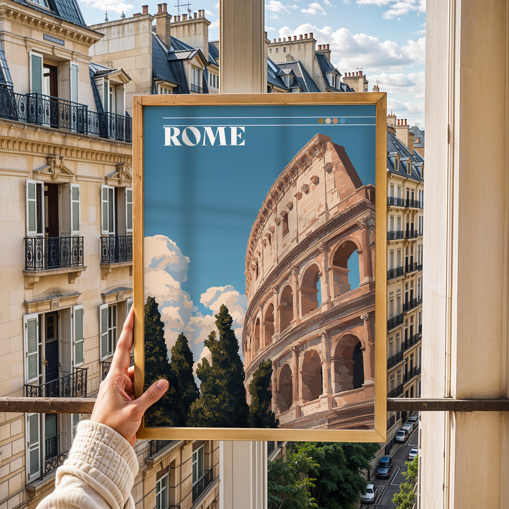 Rome Italy Travel Poster – Colosseum Wall Art, Ancient Landmark Print, Historic City Travel Photography Decor