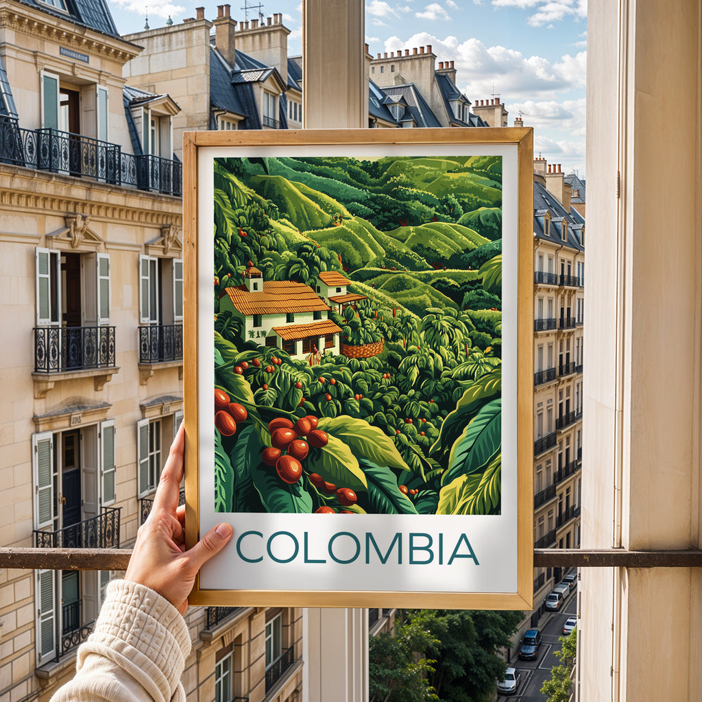 Colombia Coffee Farm Travel Poster – Eje Cafetero Landscape Illustration Art