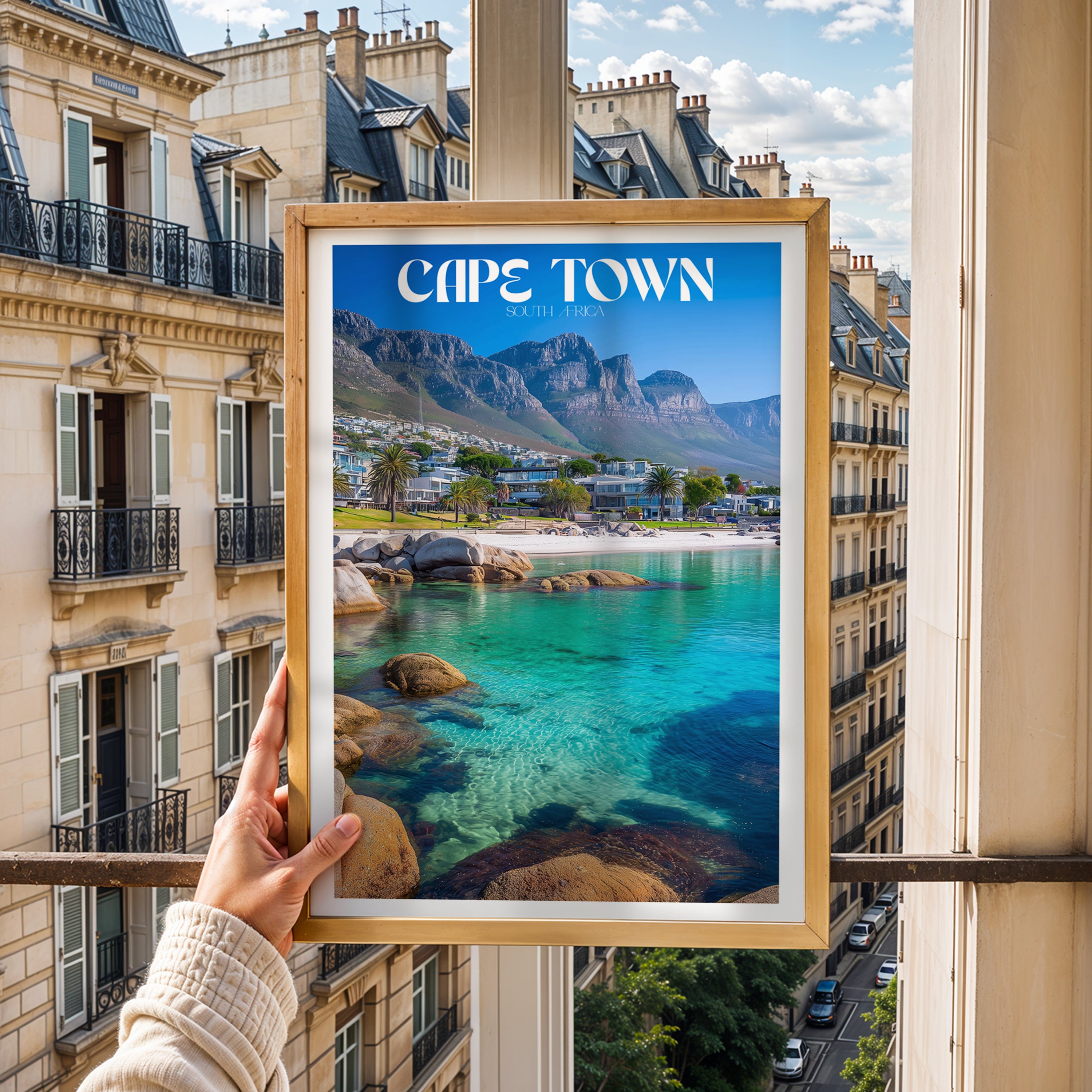 South Africa Travel Poster – Cape Town Wall Art Print, Coastal Landscape, Table Mountain View