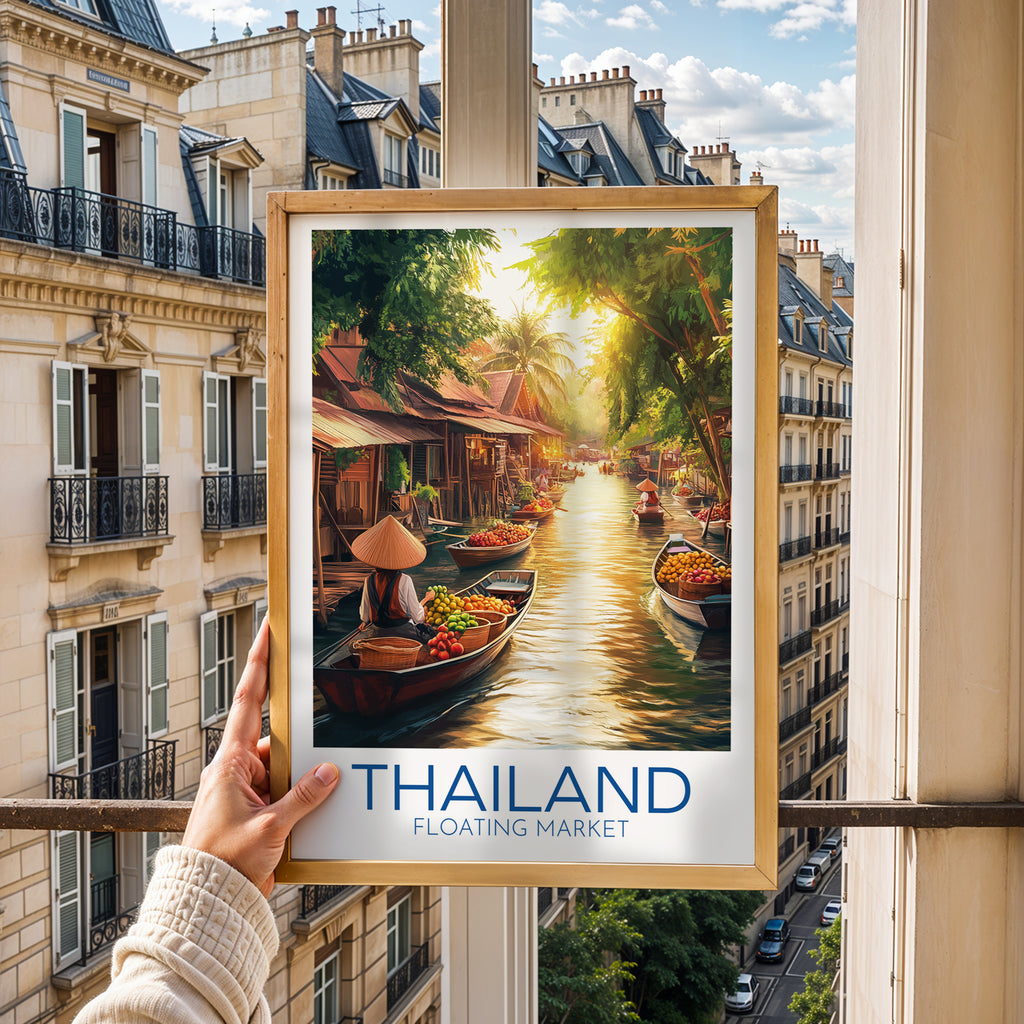Thailand Travel Poster: Floating Market Tropical Illustration Art