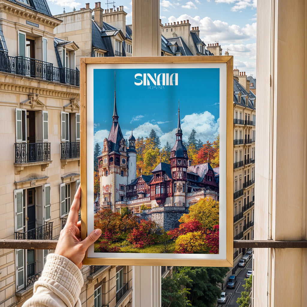 Romania Travel Poster – Peles Castle Sinaia Print, Historic Wall Art, European Landmark Decor