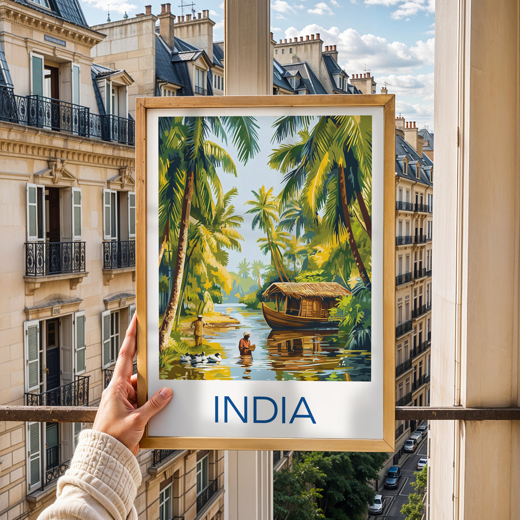 India Travel Poster: Kerala Backwaters Tropical Illustration Art