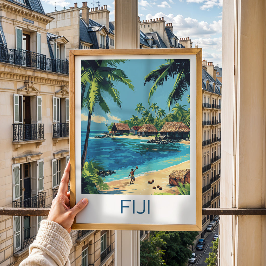 Fiji Travel Poster: Tropical Island Village Illustration Art