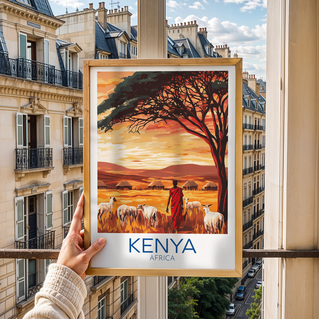 Kenya Travel Poster: Maasai Savannah Sunset Illustration Art