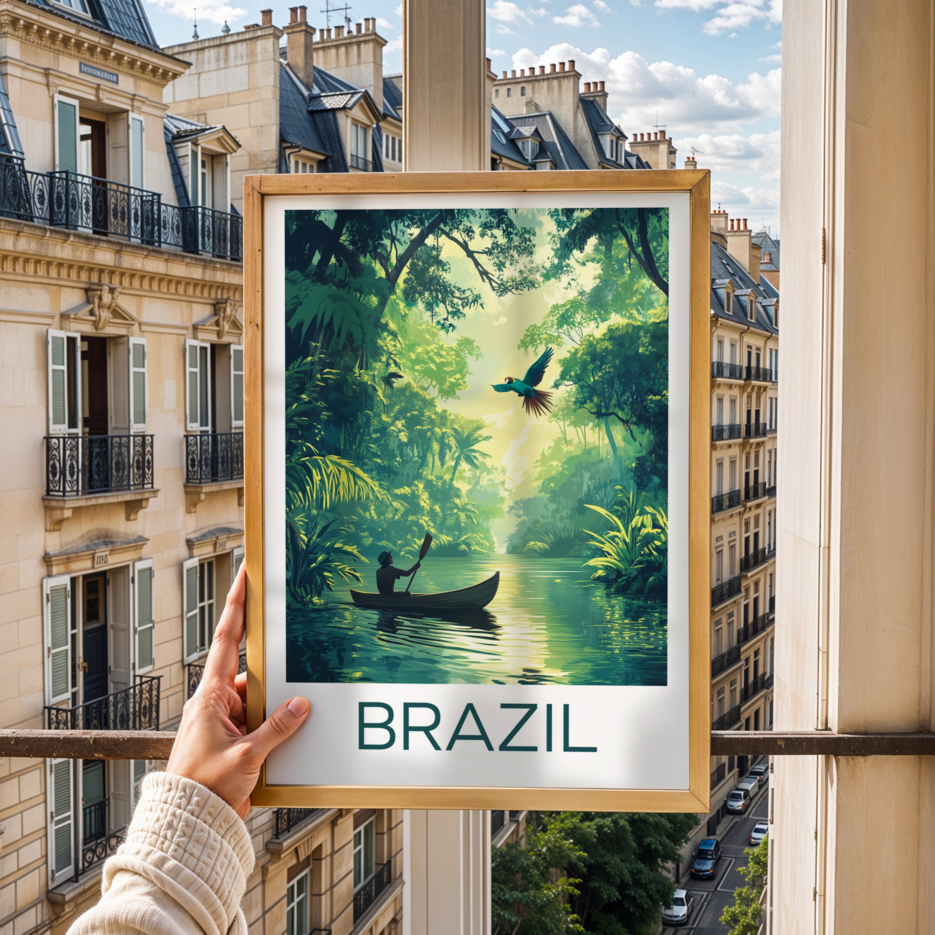 Brazil Amazon Rainforest Travel Poster – Jungle River Canoe & Macaw Illustration Art