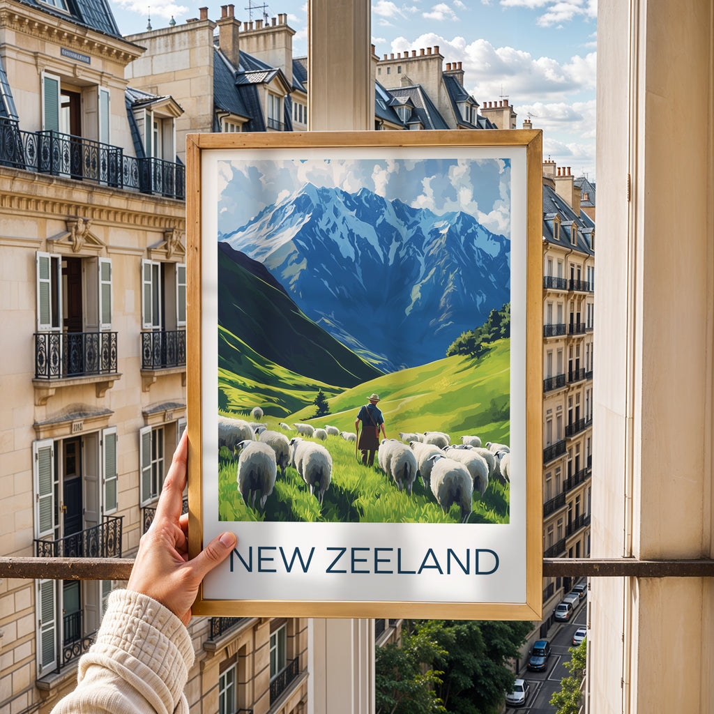 New Zealand Travel Poster: Mountain Landscape Sheep Illustration Art