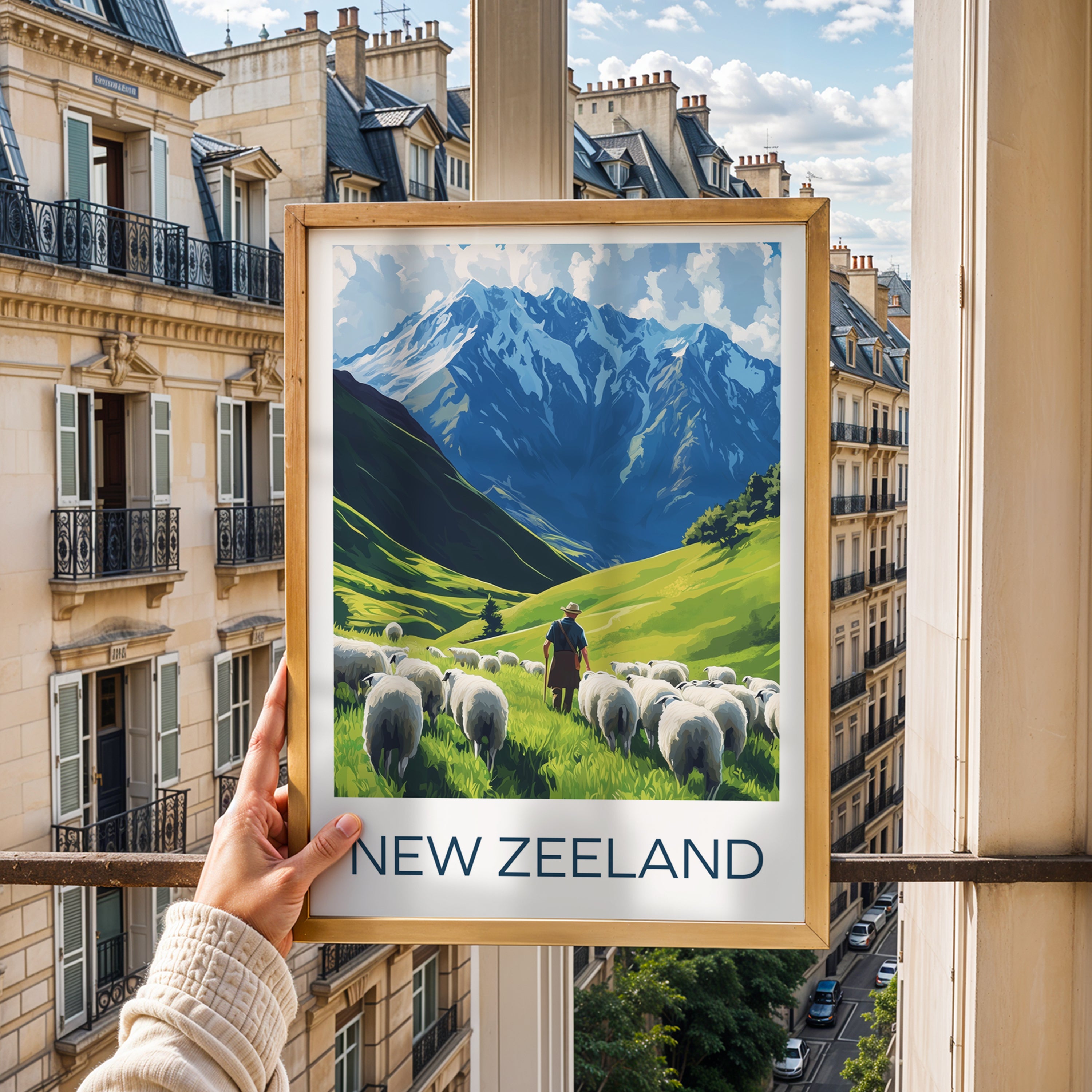 New Zealand Travel Poster: Mountain Landscape Sheep Illustration Art