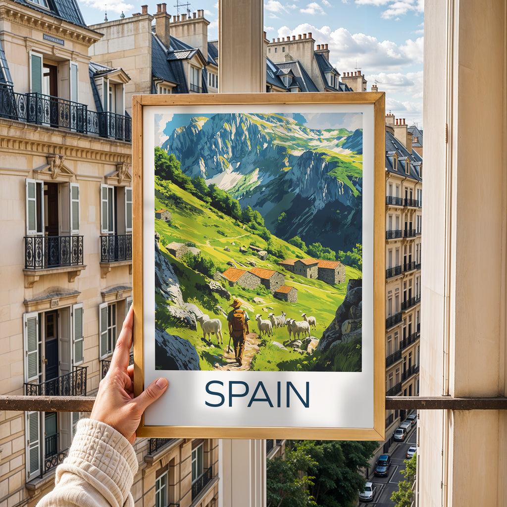 Spain Mountain Village Travel Poster – Picos de Europa Landscape Art Print, Rustic Stone Houses & Shepherd Illustration
