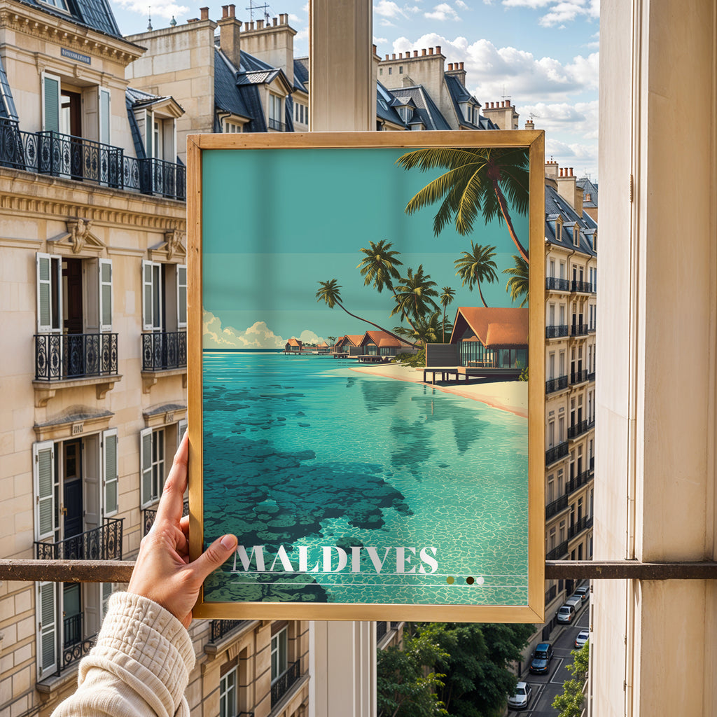 Maldives Poster – Tropical Island Wall Art, Overwater Villa Print, Exotic Beach Travel Photography Decor