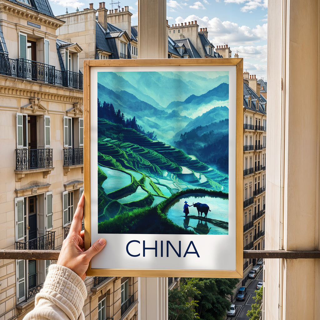 China Travel Poster: Longsheng Rice Terraces Illustration Art