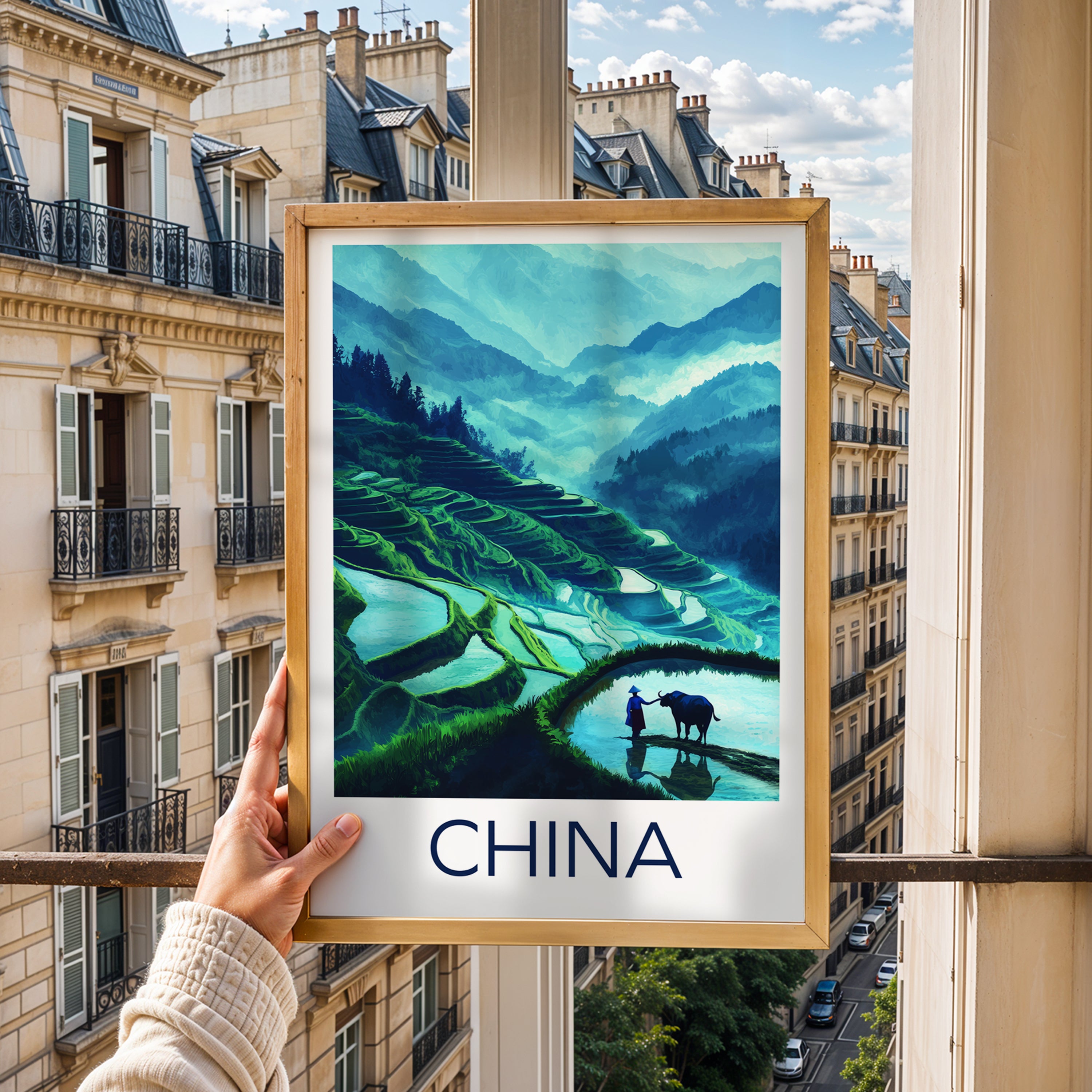 China Travel Poster: Longsheng Rice Terraces Illustration Art